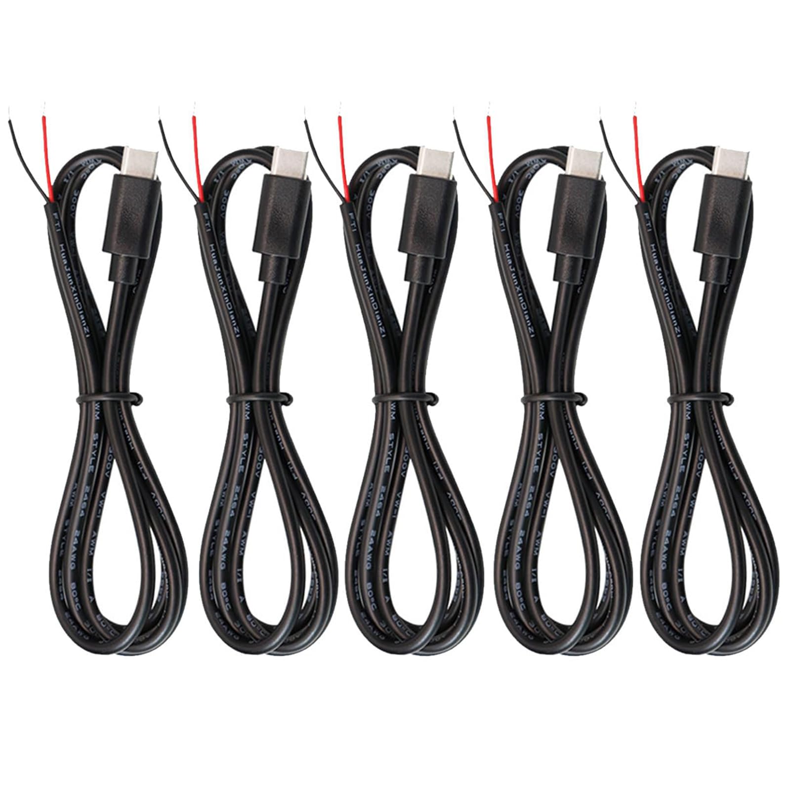 PENGLIN 5本 USB Type-C 2芯ケーブル 100cm 22AWG 電源用 USBケーブル 3A 5V USB-Cオスプラグ 2ピン裸線オープンエンド延長ケーブル DIY 充電