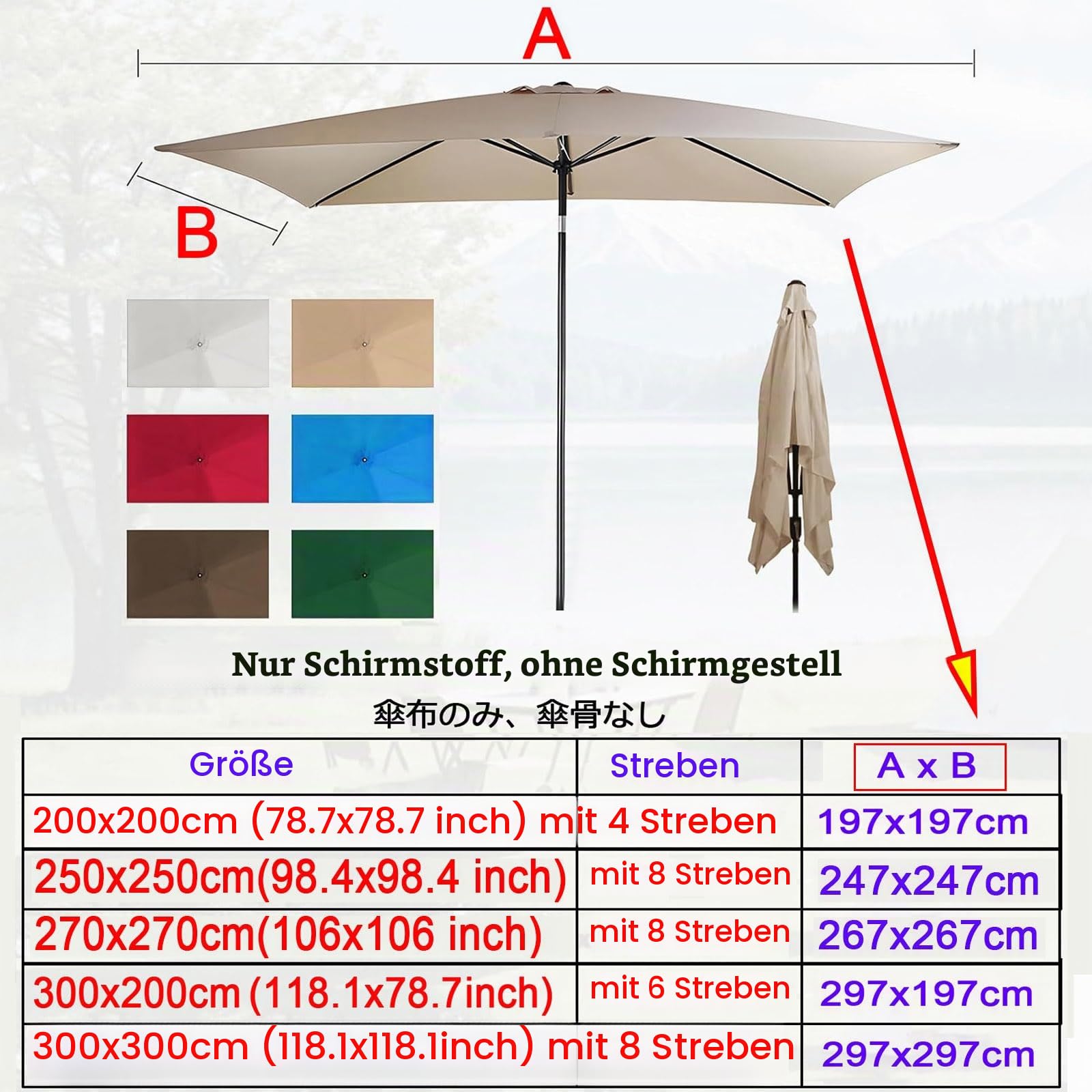 Garten Sonnenschirm Ersatzbezug 2X2 2X3 2.5x2.5 3x3m Quadratisch, 4/6/8 Streben Gartenschirm Ersatz Abdeckung, UV-Schutz Wasserdicht Outdoor Bezug Marktschirm Bespannung Stoffbezug(Beige,297X297cm)