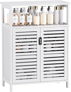 HITNET Bathroom Floor Storage Cabinet, Freestanding Bamboo Side Storage Organizer with Double Doors and Open Shelves, Space Saving Small Kitchen Cupboard, White