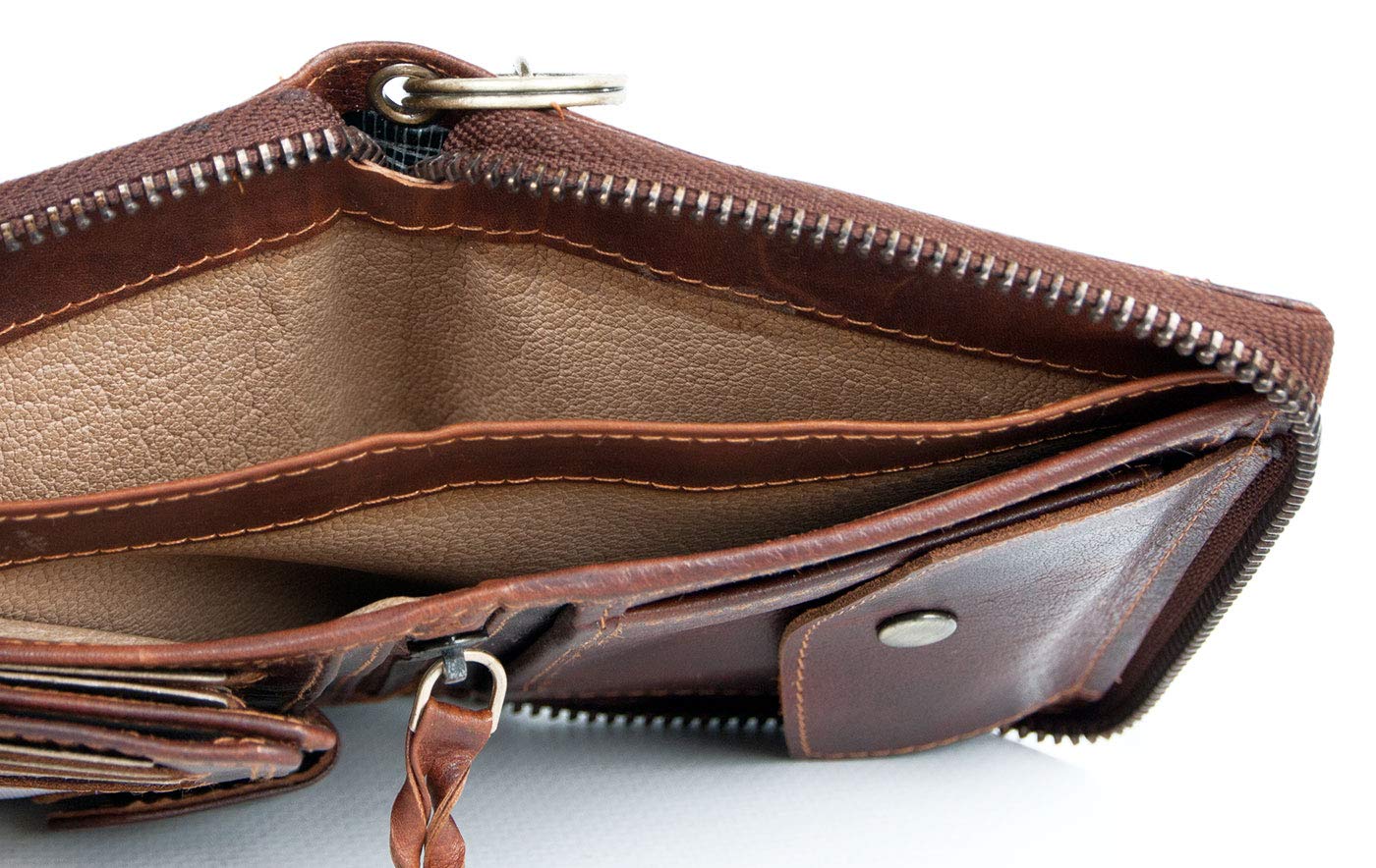 FLW Billetera marrón Estilo Motero Zip Alrededor de Cuero Genuino con Cadena de Metal