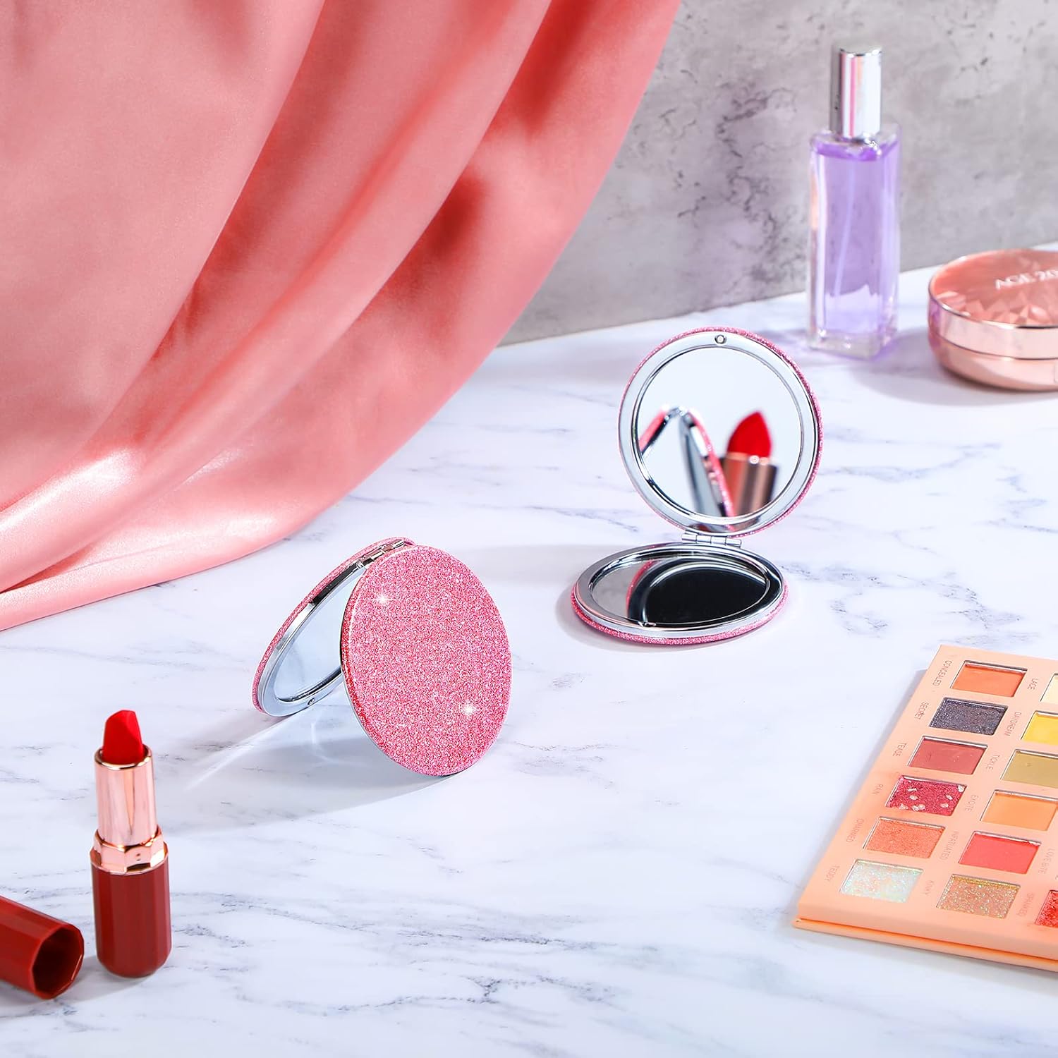 Weysat 12 Pcs Cute Pink Compact Mirrors for Women Galentine's Day, Small Magnifying Travel Makeup Mirror with Glitter, Mini Double-Sided Portable 2x/1x Magnification Folding Pocket, PU Leather, Gift