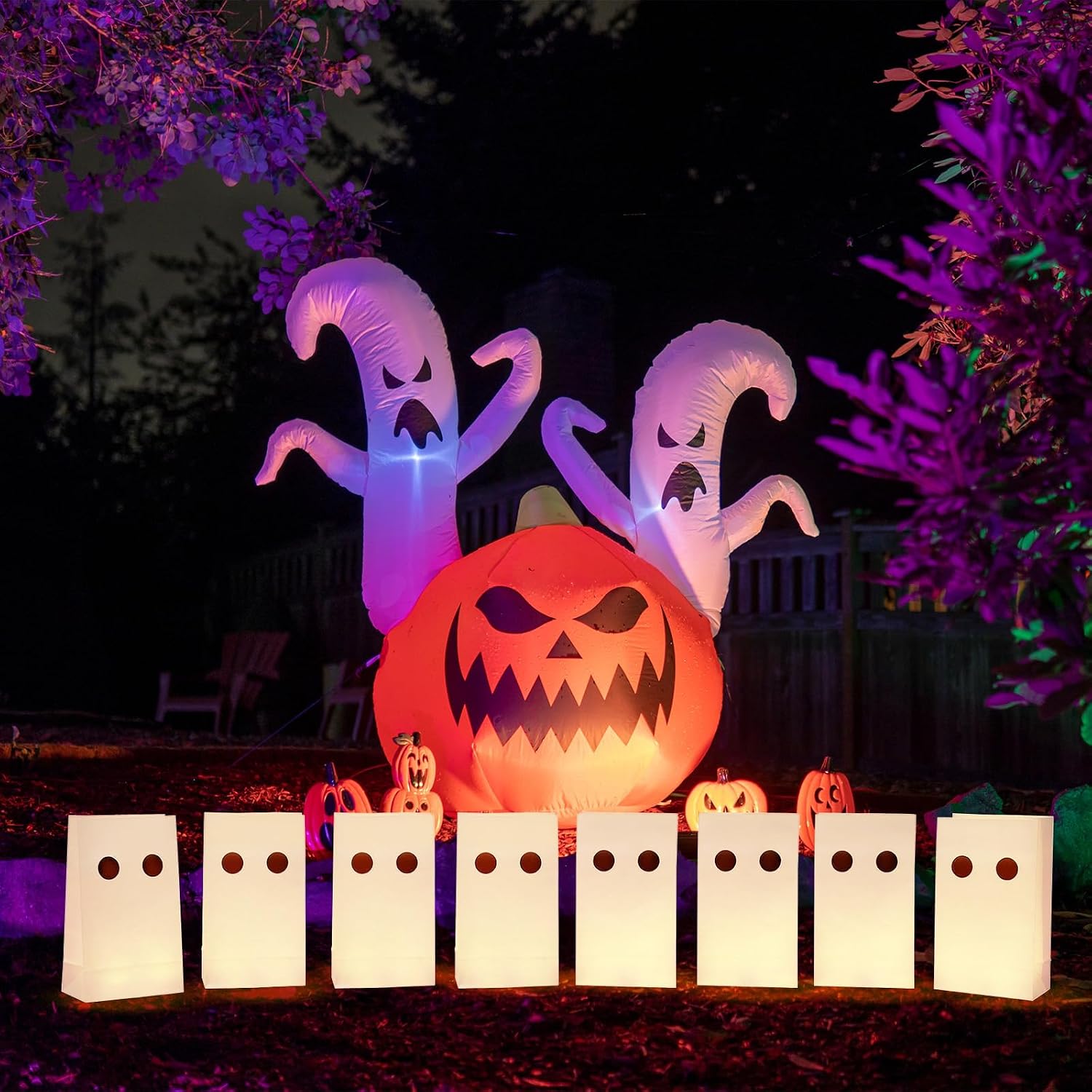 Outus 24 Pieces Halloween Ghost Luminaries Paper Bags with Flameless LED Tea Lights, White Flame Resistant Lantern Candle Paper Bags for Halloween Party Supplies Indoor Outdoor Home Decorations