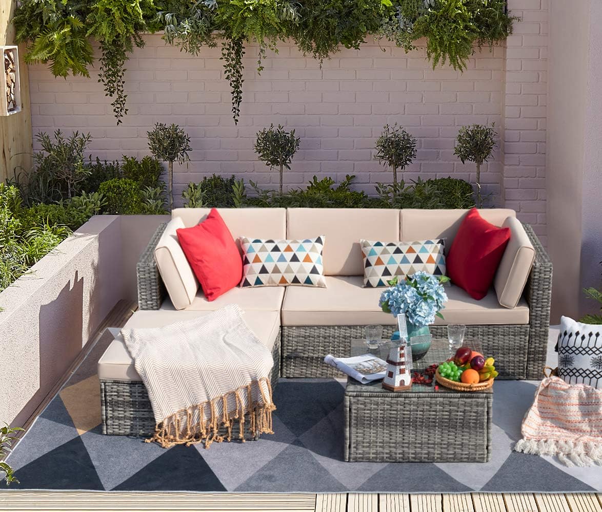 Devoko 5 Pieces Patio Furniture Sets Outdoor Sectional Sofa Manual Weaving Rattan Wicker Patio Conversation Set with Cushion and Glass Table (Grey) : Patio, Lawn & Garden