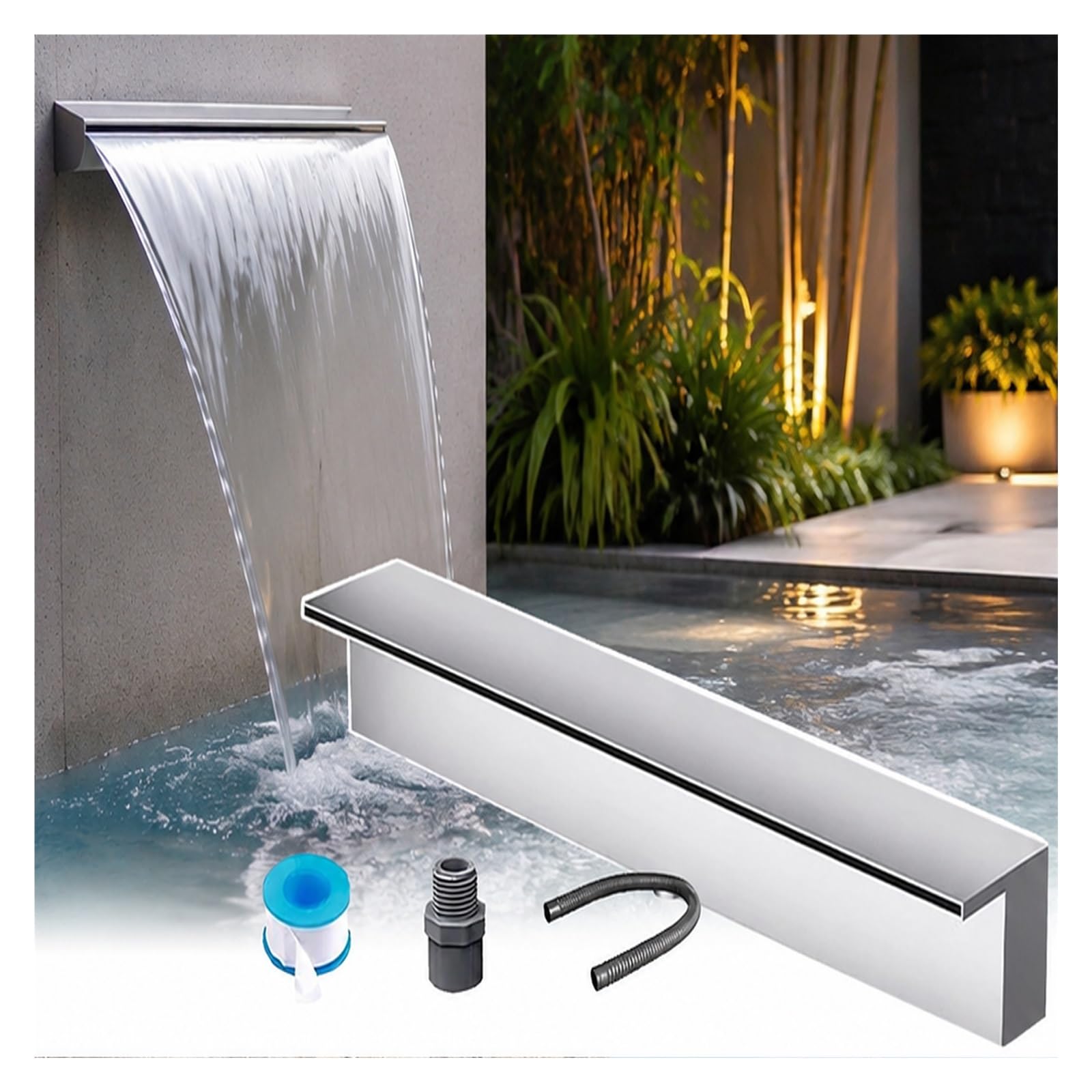 Integrado Cascada Para Estanque Jardín Para Jardín Estanque De Carpas Koi | Desagüe Para Cascada De Piscina De Acero Inoxidable 304, Conector PVC, Cinta De Sellado Tubo Flexible(Outlet W 32"/81cm)