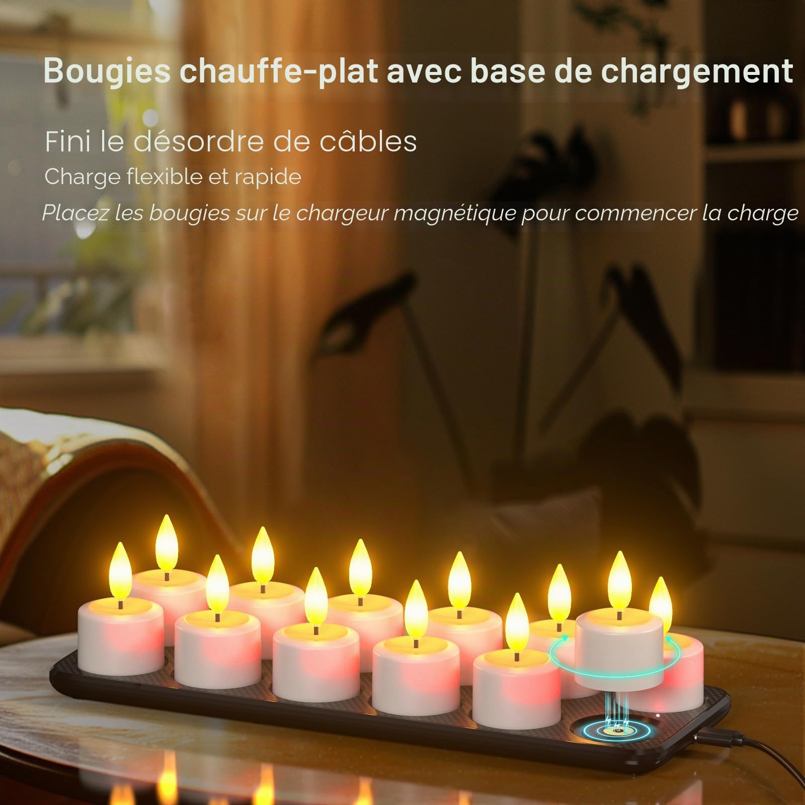 SoulBay Bougies LED Chauffe-plat Rechargeables Flamme Vacillante étanches avec Télécommande et Station de Charge, Lot de 12 Fausse Bougie our Salle de Bain, Maison, décoration d'Halloween et de Noël