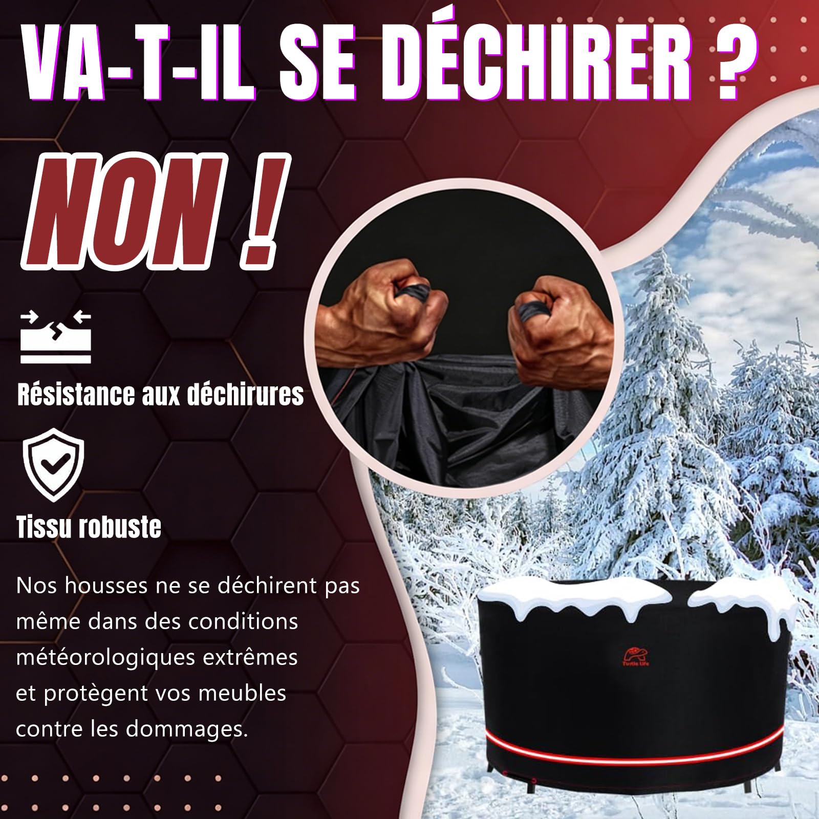 Turtle-Life Housse de Protection Table de Jardin Ronde, Durable, Housse Bâche pour Meubles Extérieur, Tissu Oxford Résistant aux UV, Noir, Diamètre 183x74cm