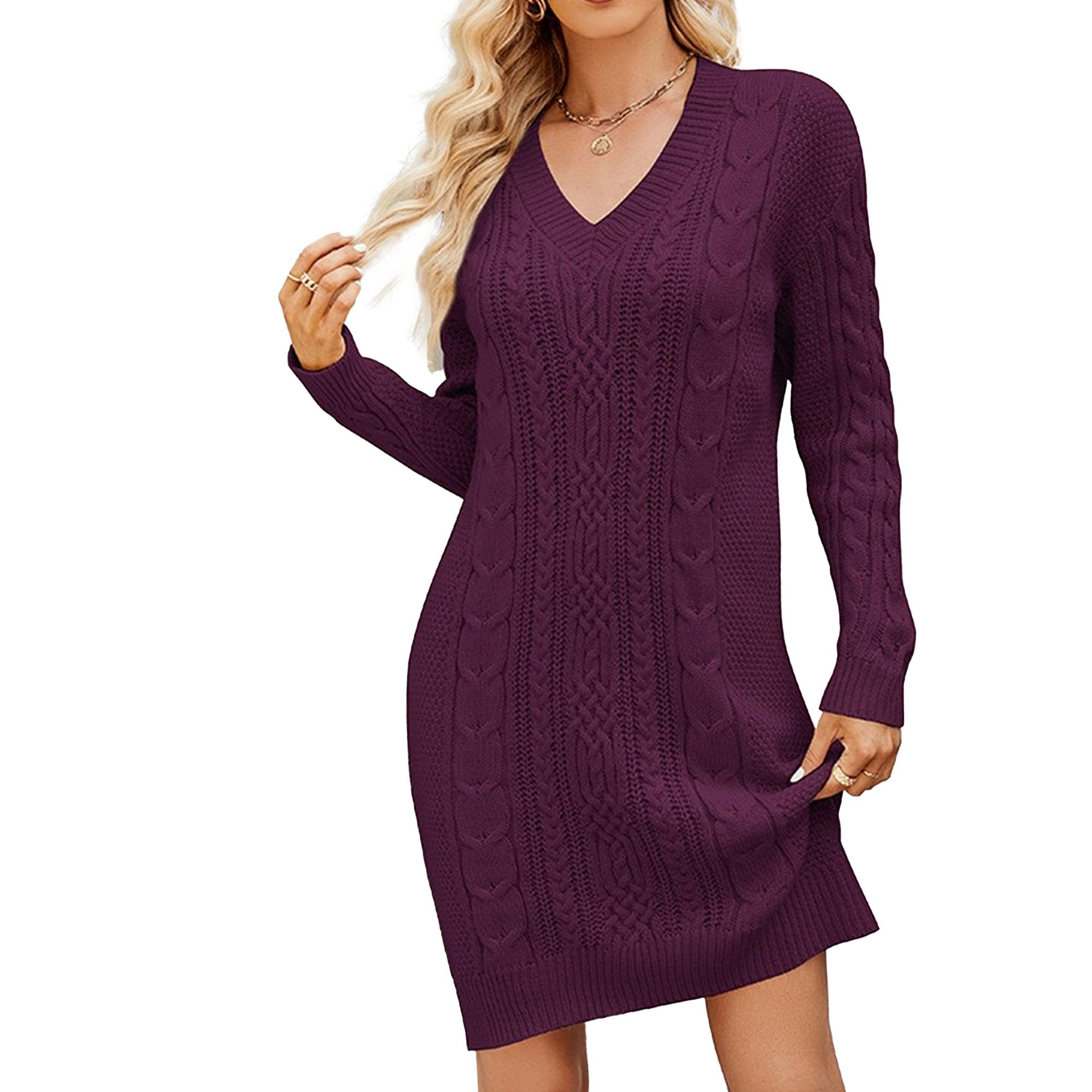 Robe pull élégante violette à manches longues coupe midi en L