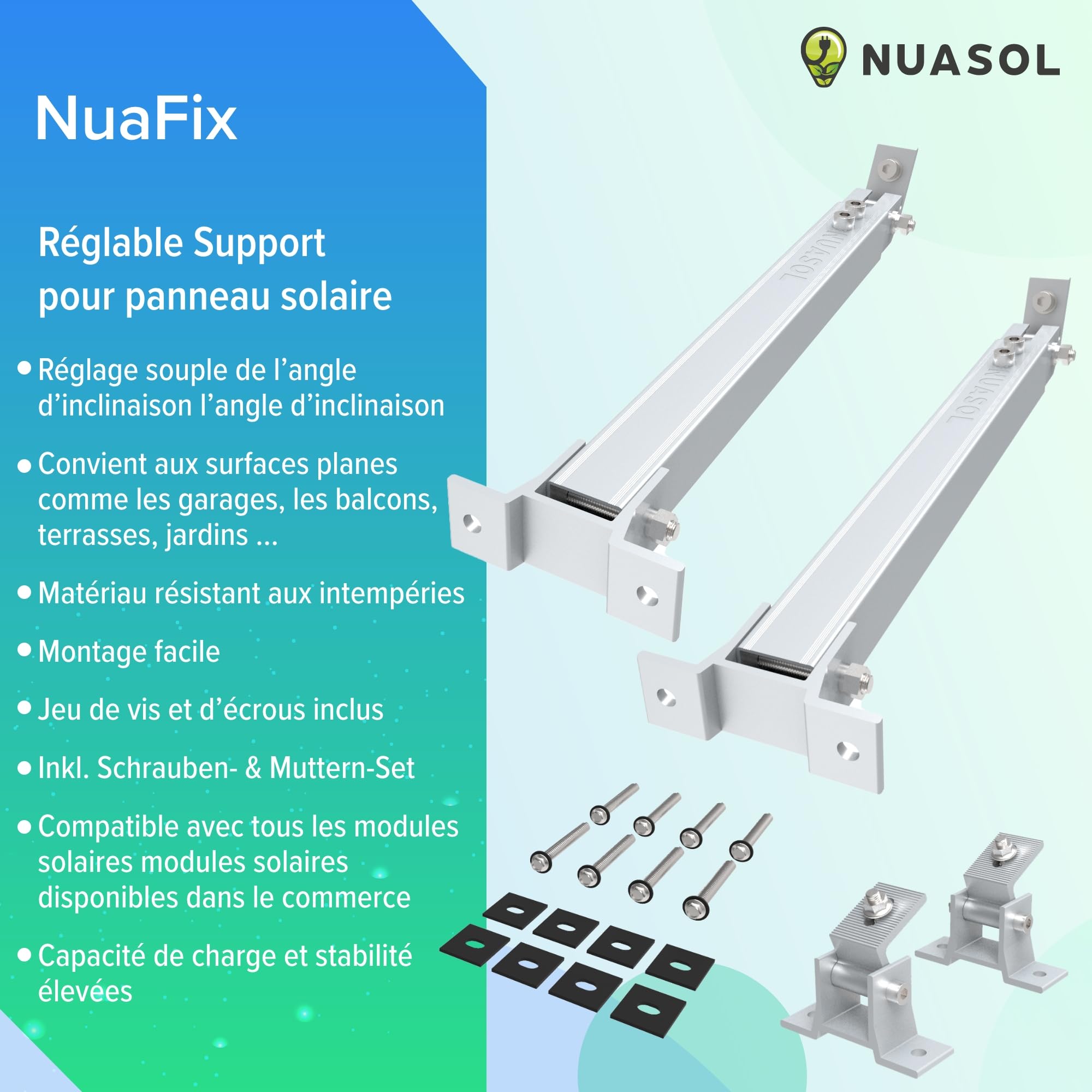 Lot de 2 supports de centrales électriques de balcon,Support de panneau solaire réglable pour installations photovoltaïques,Angle d'inclinaison 15-30°,Longueur réglable 390-693 mm, argenté