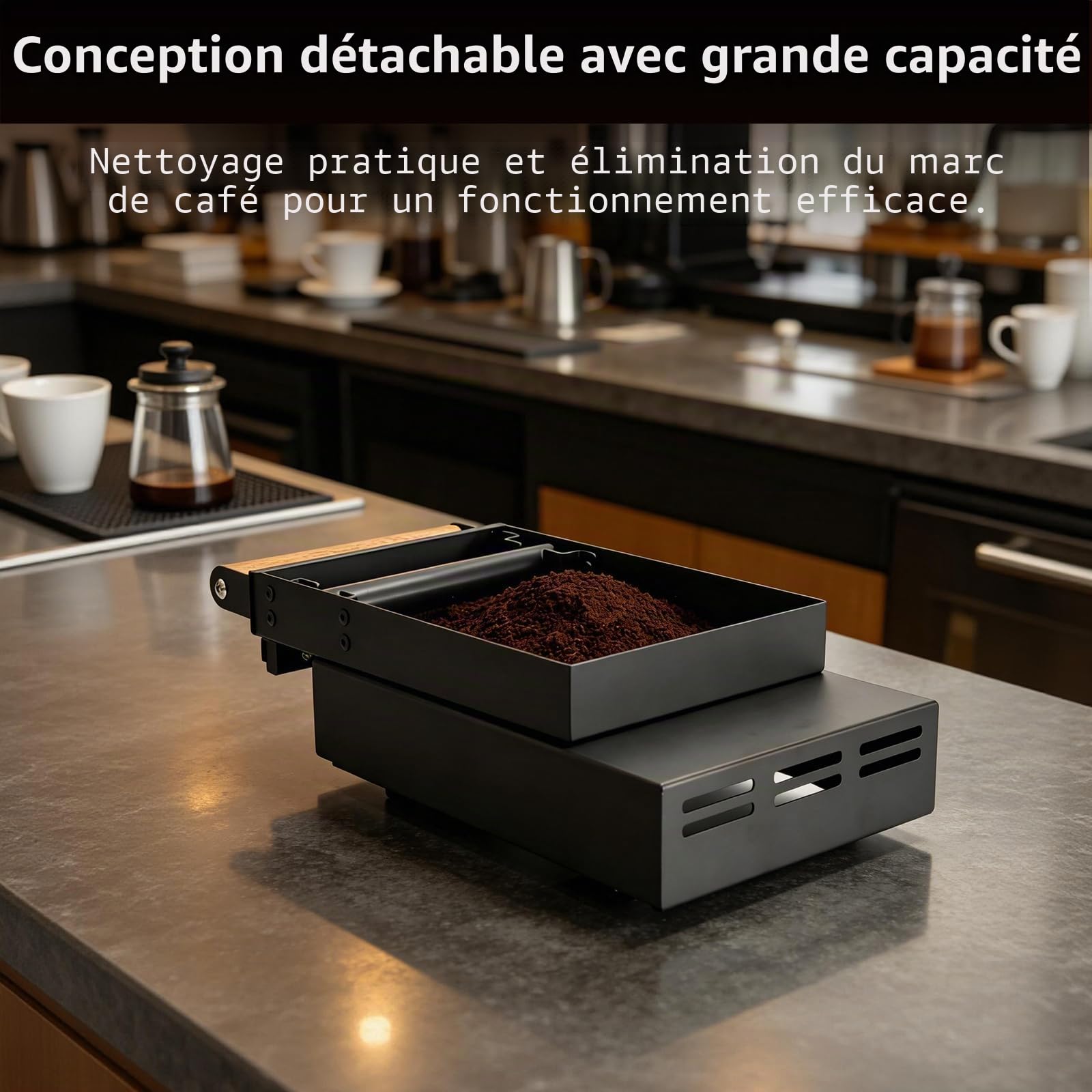 Boîte à Marc de Café Tiroir, Knock Box pour Porte-Filtre, Tiroir à Café en Acier Inoxydable Noir avec Poignée en Bois, Bac à Marc avec Barre d’Impact Caoutchoutée et Ventilation, 31,5 x 21 x 7 cm
