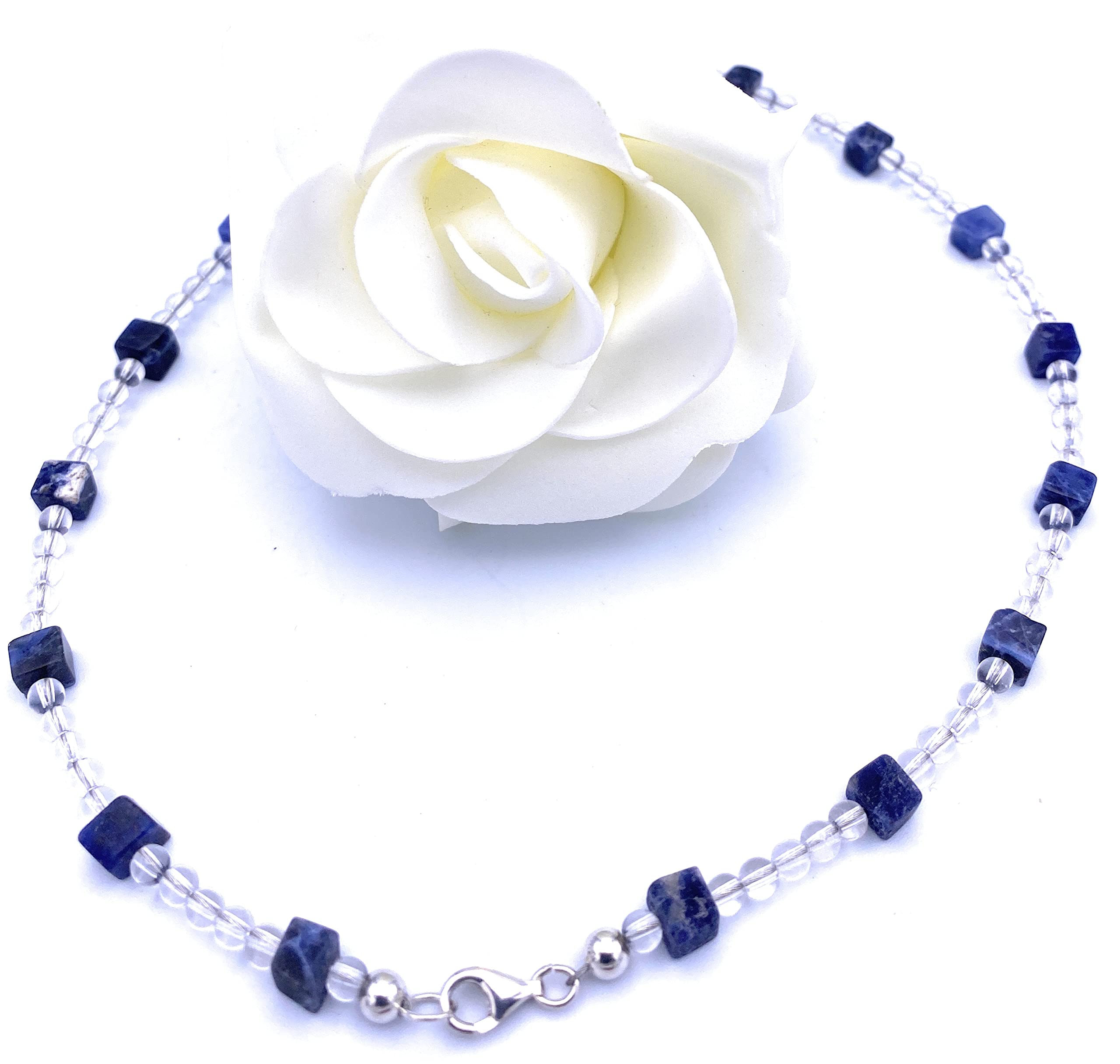 Bergkristall Schmuck (Halskette) Bergkristall Kette mit Sodalith Würfel Verschluss 925er Sterling-Silber Modellnummer 1072