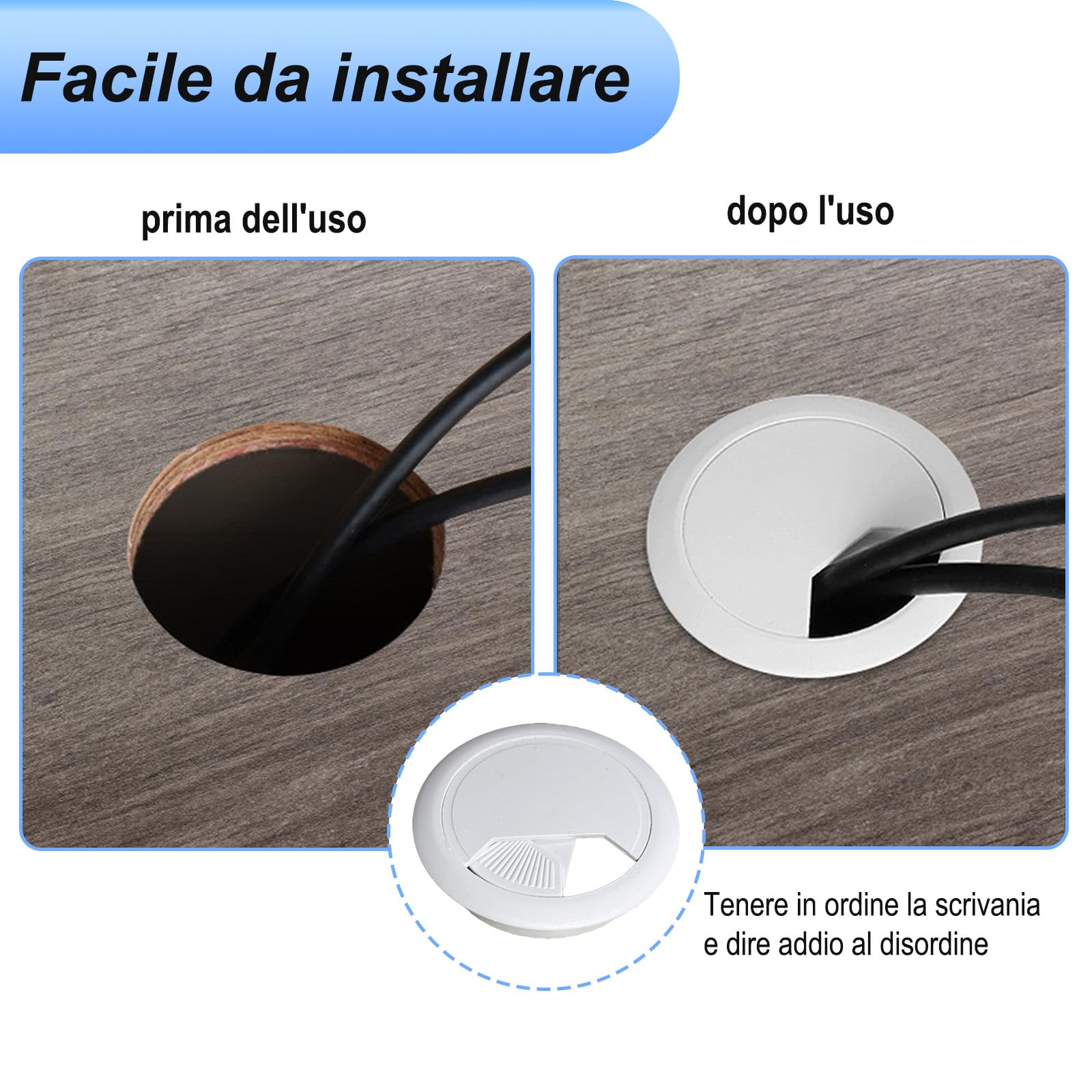 4 Pezzi Passacavi da Scrivania, Foratura per Uscita Cavo Ø 60 Mm, Passacavo Bianco per Scrivania e Postazioni di Lavoro