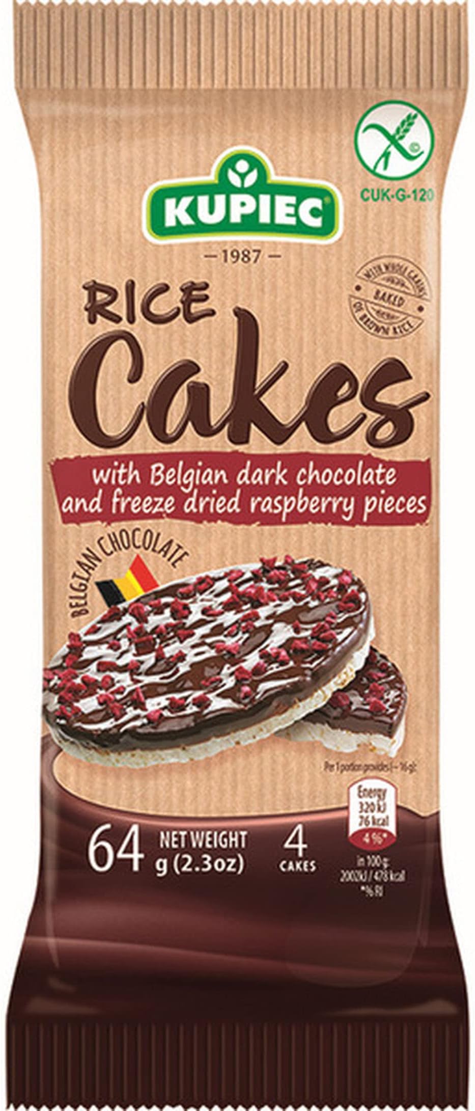 Rice Cakes with Belgian Dark Chocolate and Freeze Dried Raspberry Pieces 64g