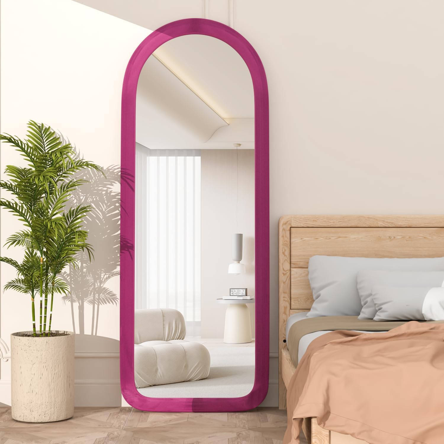 Full Length Mirror 56"x20" Arch Floor Mirror with Stand Arched Full Body Mirror Standing Hanging or Leaning Against Wall for Bedroom Flannel Wrapped Wooden Frame Pink