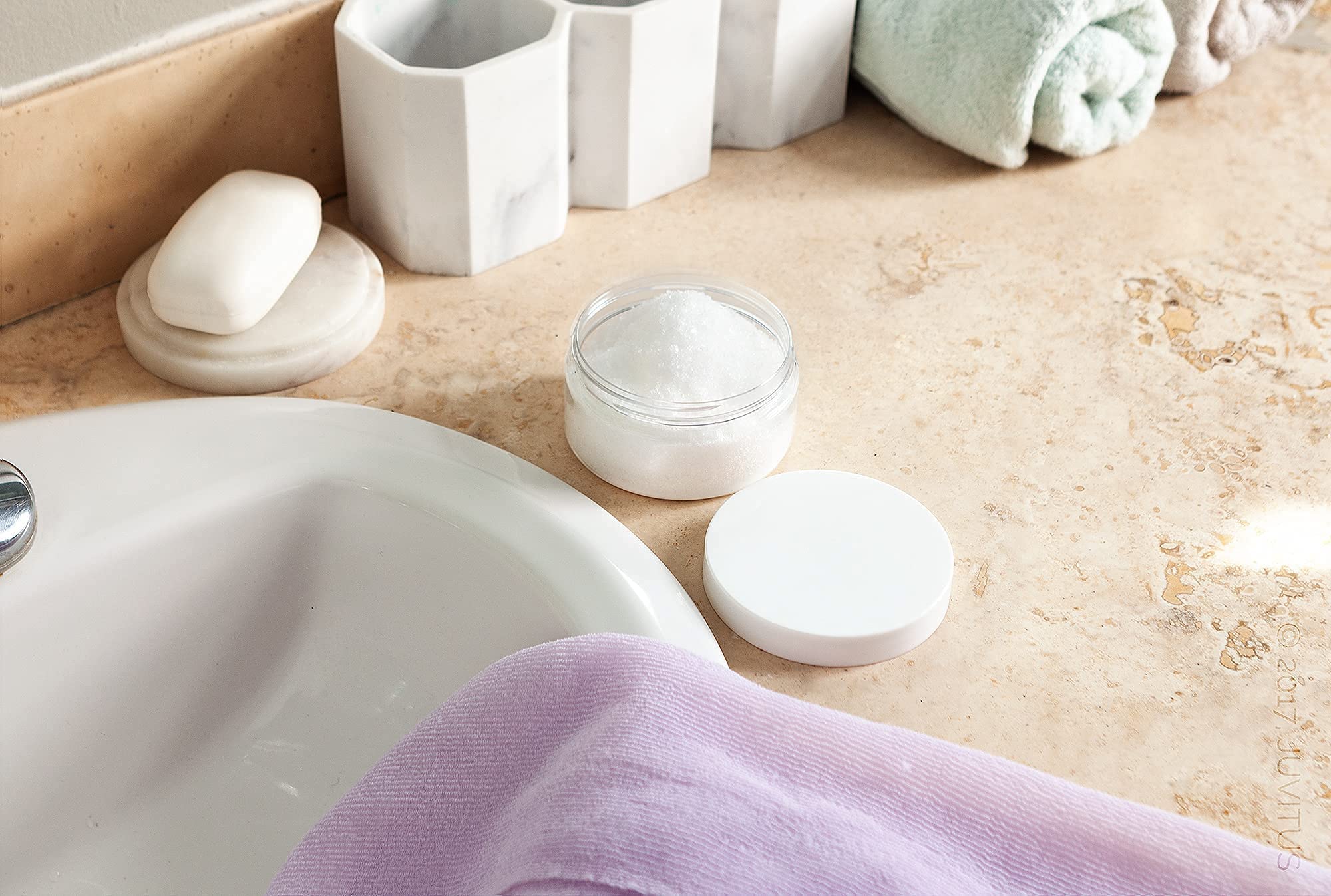 Przezroczysty plastik PET (bez BPA) do wielokrotnego napełniania, niskoprofilowy słoik z białą pokrywką, 12 ml + szpatułki i etykiety