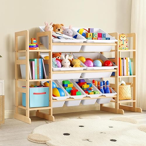 Organizador de almacenamiento de juguetes de madera para niños, organizador de juguetes de varios niveles con contenedores y estantes laterales
