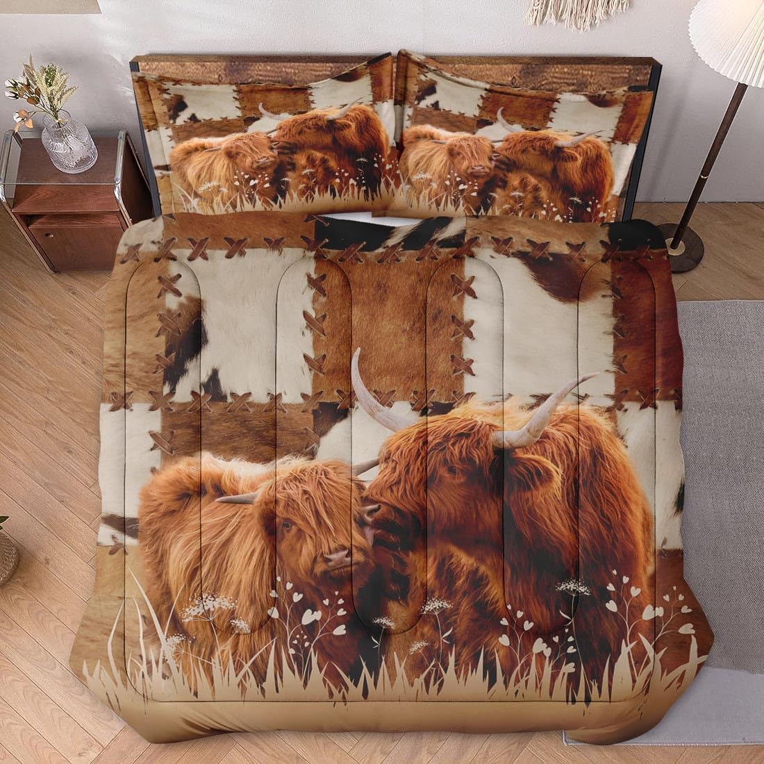 Full Size Comforter Set with 2 Pillowcase, Highland Cow Animal Bull Soft 3 Pcs Bedding for Kids and Adults, Farm Comforter Set for Room Bedroom Bed Decor - Image 2