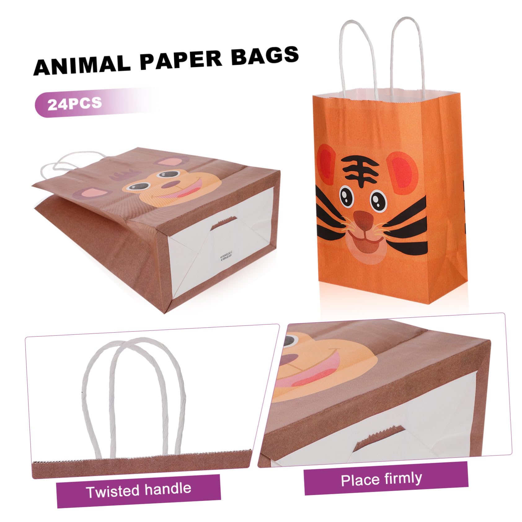 LOORGVEL Ebene Papiertüten mit Tiermotiven aus Kraftpapier mit Griffen 24 Stück Praktische Partytüten Mittelgroße Kindertaschen für Kindergeburtstage für Thanksgiving und Shower