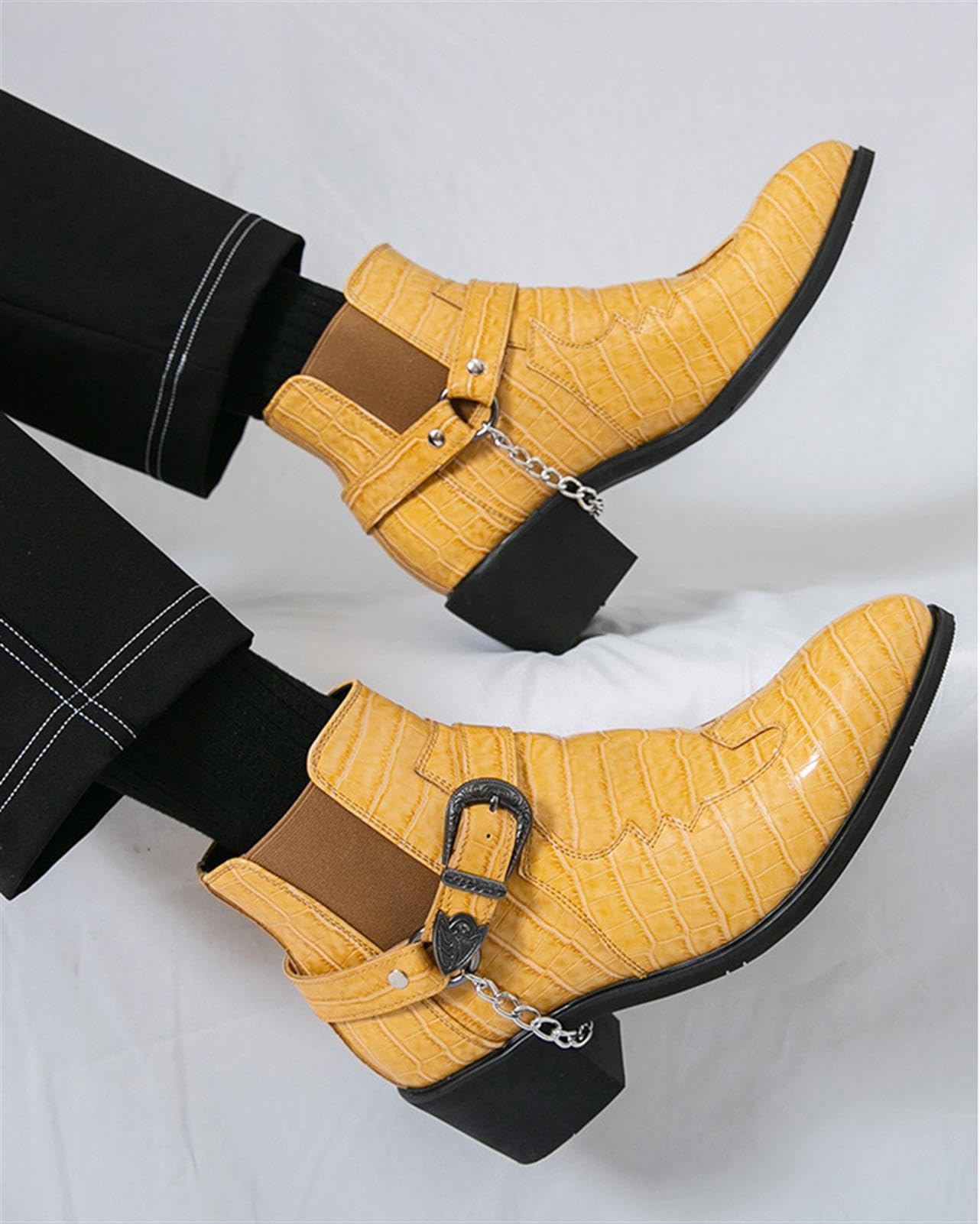 Stivaletti Chelsea Uomo Effetto Coccodrillo con Catena e Fibbia | Scarpe Uomo Stivaletti Western Eleganti Punta Affusolata Comode Suola in Gomma Resistente Ideali per Feste e Occasioni