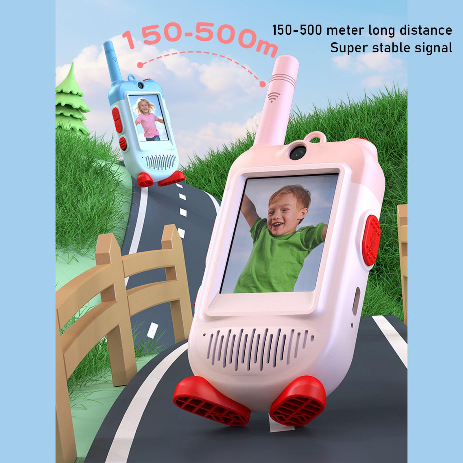 Talkies-Walkies Vidéo pour Enfants, Paquet de 2 Interphones Vidéo Rechargeables Portables, Portée de 500 M, Radio Bidirectionnelle avec écran 2 Pouces, Cadeaux d'anniversaire (Blue)