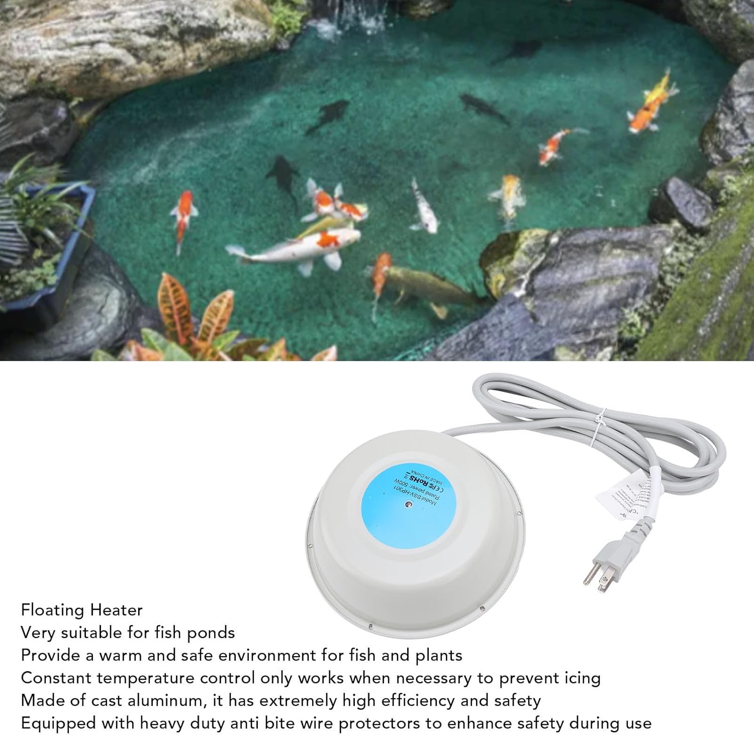 Gavigain Floating Heater Efficient Anti Bite Protection Pond De Icer 500W Safe for Fish Pond