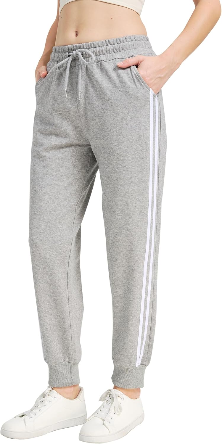 Women's Joggers 95% Cotton Sweatpants Pockets Relaxed Fit Elastic Waist Cuffed Ankle Striped Casual Athletic Pants
