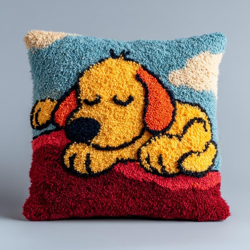 Henypt Latch Hook Pillow Making Kit 43x43cm,Sleeping Dog Printed Canvas Needlework Set,Relaxing Handmade Craft for Home Bedroom Decoration