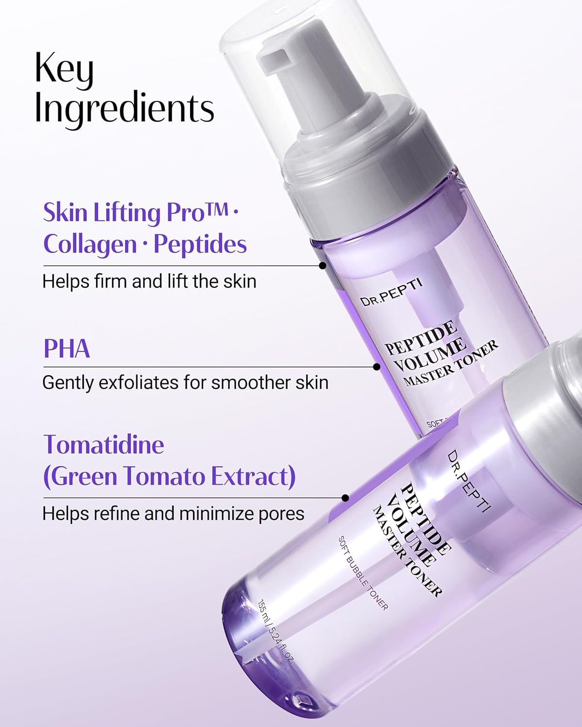 DR.PEPTI Korean Peptide Volume Master Toner for Face - 12 Peptides Bubble Formula Pore Refining Elasticity Hydrating Facial Toner with Hyaluronic Acid Collagen Centella for All Skin Types, 5.24 fl.oz. - Image 6