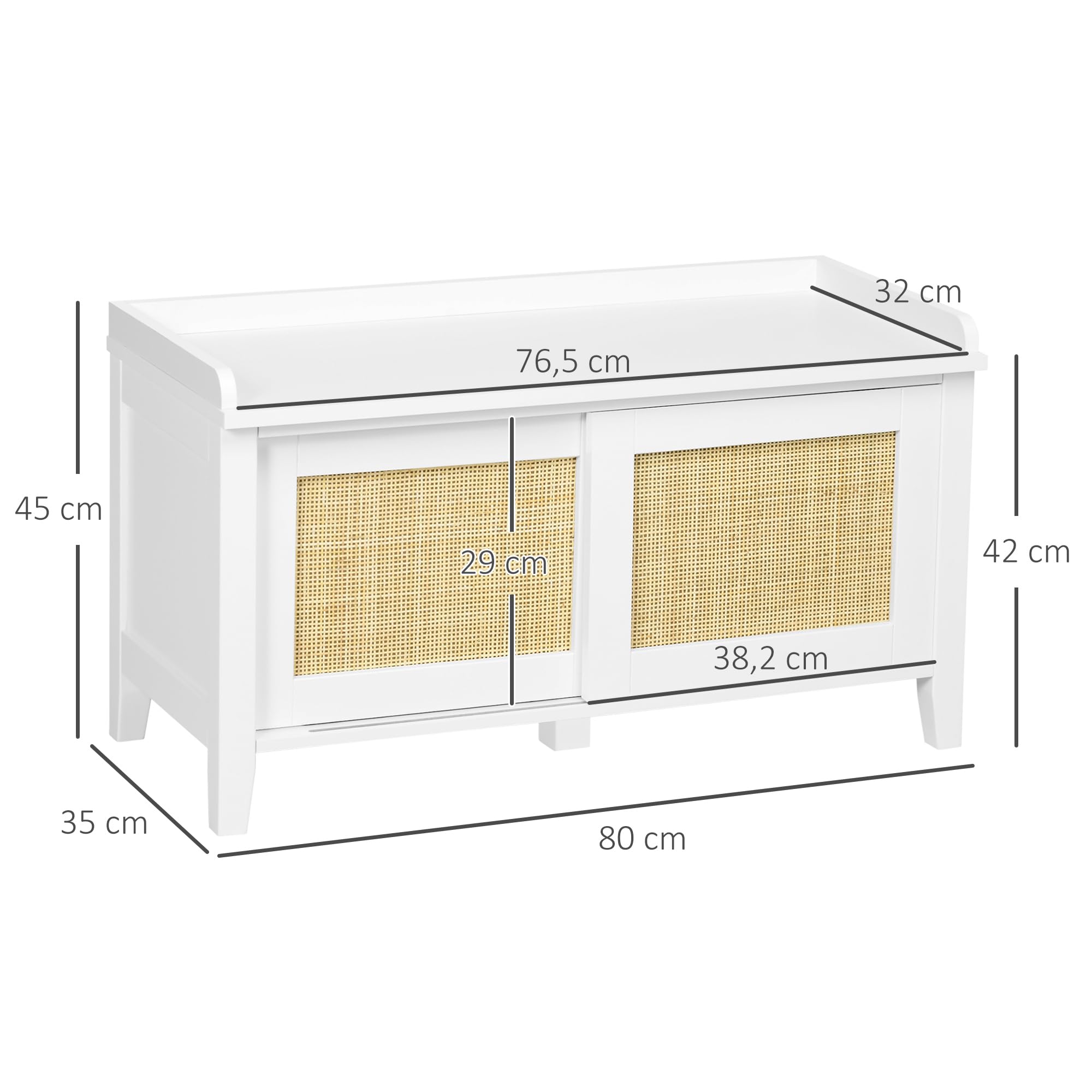 HOMCOM Banco Zapatero con Asiento Mueble Zapatero con Banco 2 Puertas de Ratán Estilo Bohemio Carga 130 kg para Pasillo Entrada 80x35x45 cm Blanco y Natural