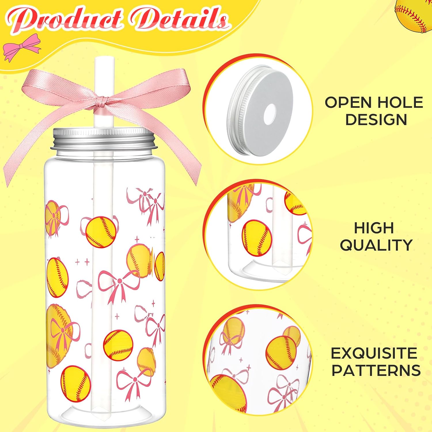 24 Pcs Softball Plastic Cups with Lids, Straws, and Pink Ribbon, 13.5 oz Pink Bow Sports Theme Party Clear Drinking Cups Reusable Tumblers for Birthday Sports Party Team Gifts