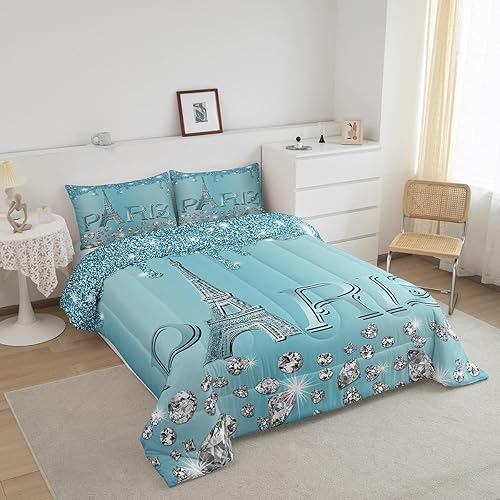 Miniatura 2 de Juego de edredón de París tamaño King para niños y niñas, juego de ropa de cama de la Torre Eiffel con purpurina para todas las estaciones, relleno