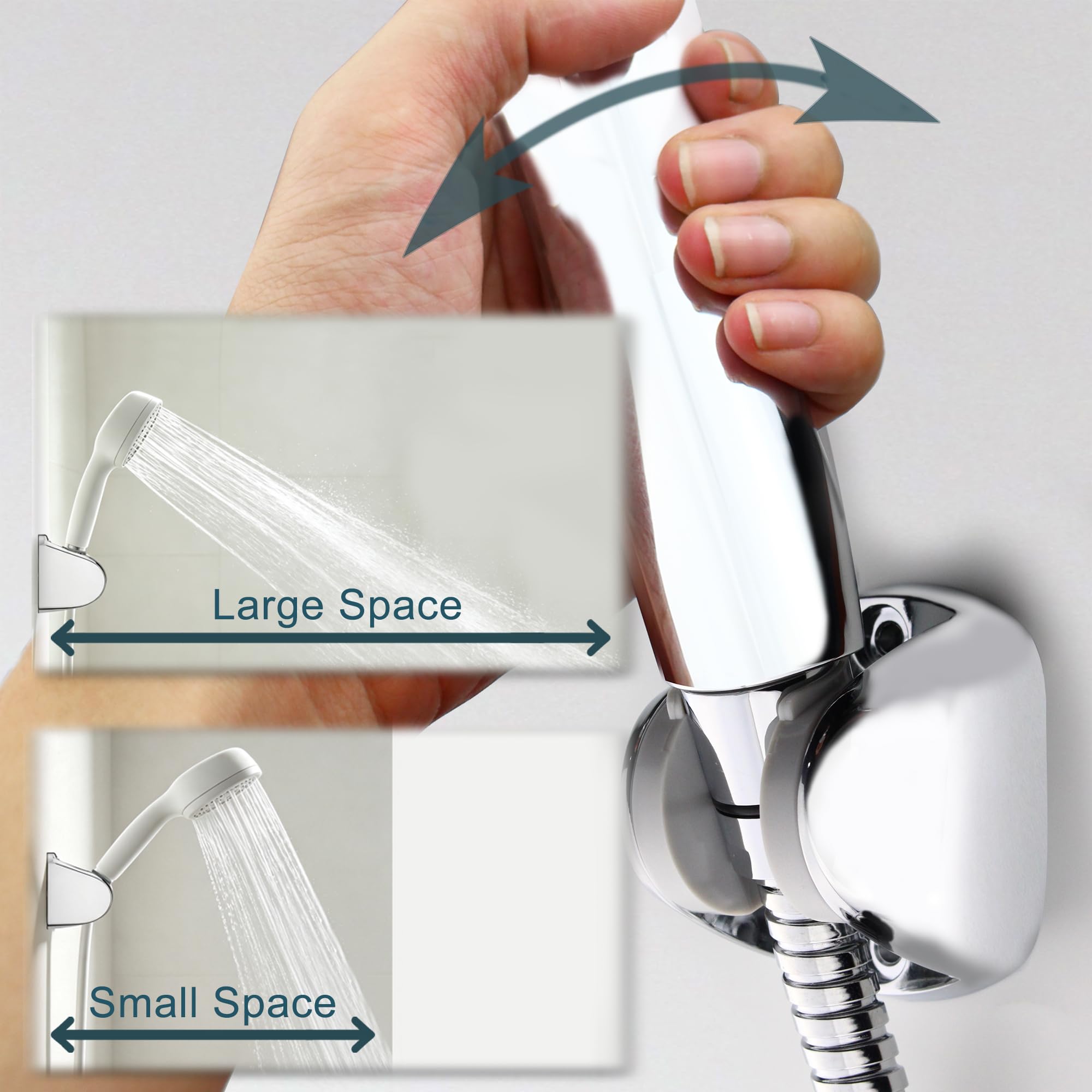 Yoo.MEE Soporte de ducha de pared para cabezal de ducha de mano, soporte de altura ajustable, gran ángulo ajustable para adaptarse a cualquier espacio de baño, cromado