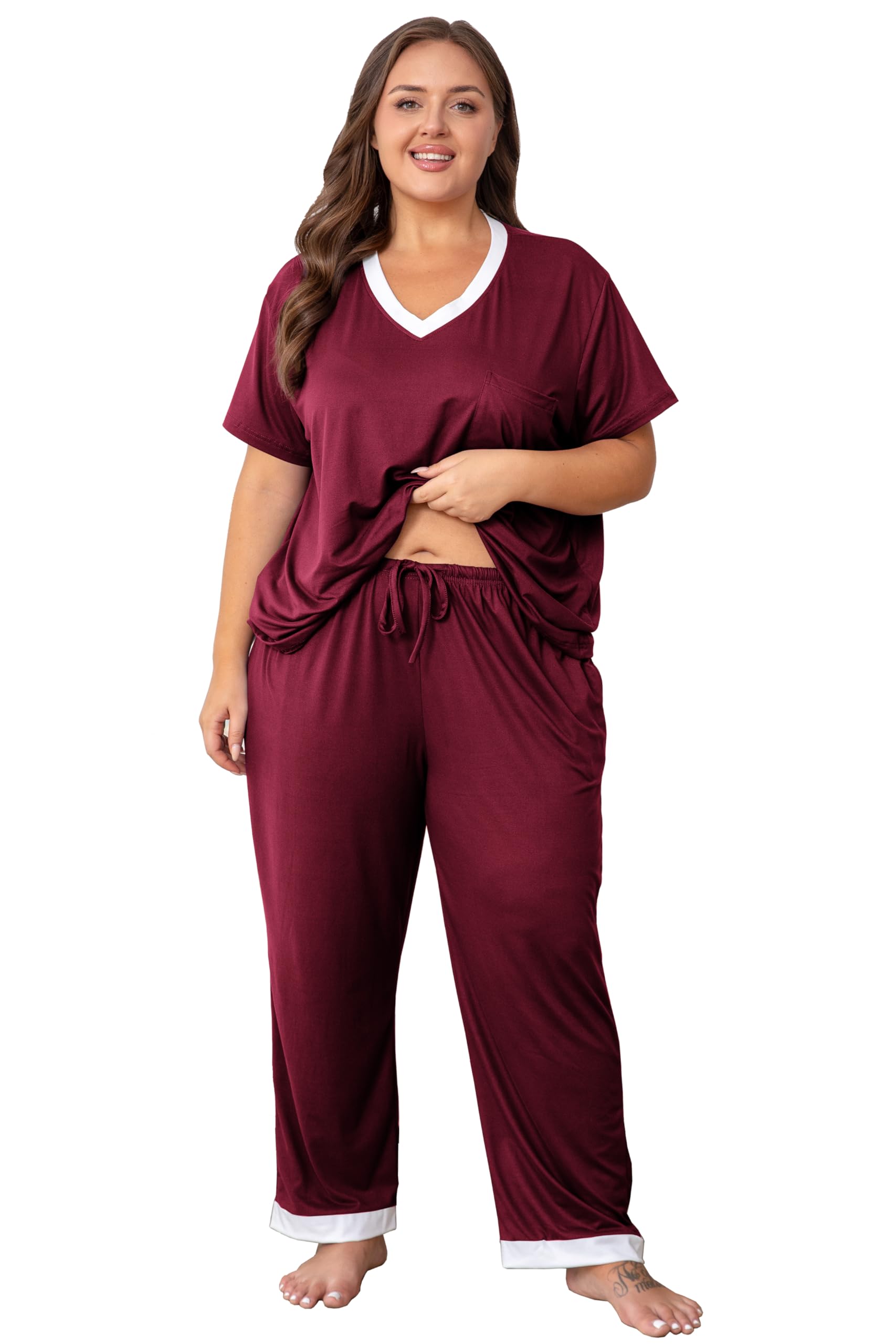 Vozanet Pajama Sets for Women Short Sleeve Long Pants Sleepwear V Neck Chest Pocket PJS Plus Size Drawstring Loungewear
