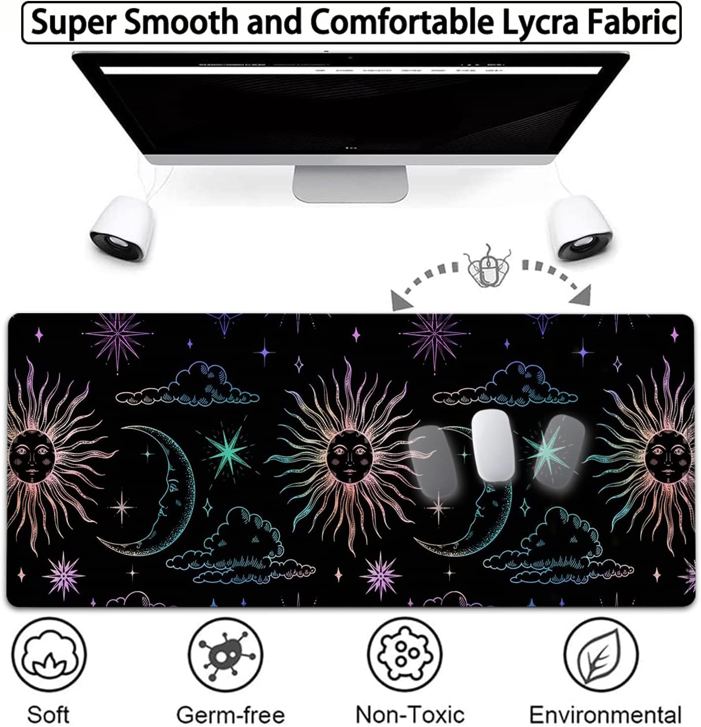 Large Gaming Mouse Pad, 31.5x11.8 in Extended Computer Mouse Mat with Non-Slip PU Base, Ergonomic Memory Foam Keyboard Wrist Rest, for Work & Gaming, Cute Sun Moon Black Office Desk Pad