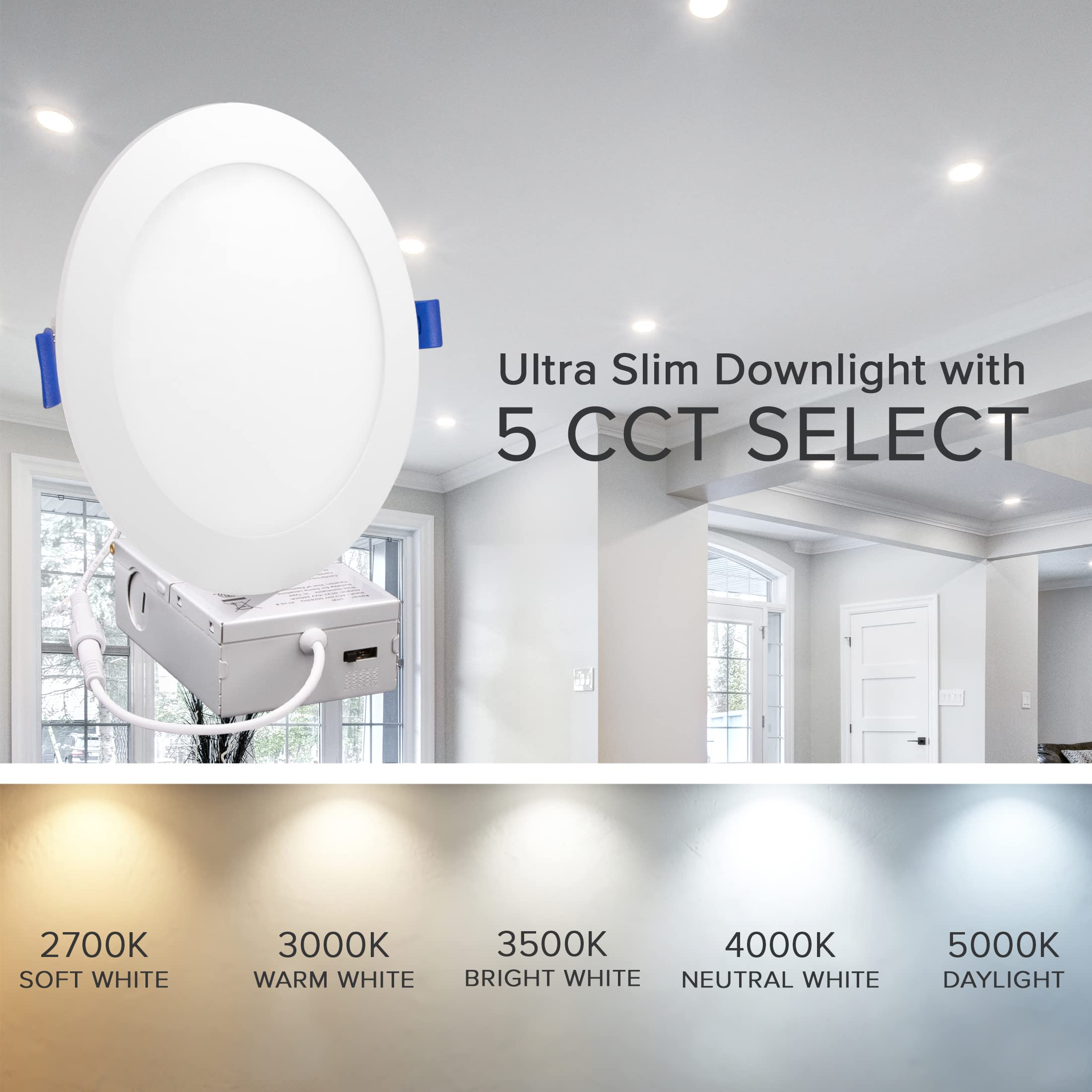 Maxxima 4 in. Adjustable Square Recessed Anti-Glare LED Gimbal Downlight, Canless, 1050 Lumens Color Selectable 2700K/3000K/3500K/4000K/5000K, 360° Rotation, Dimmable Black Trim, 90 CRI, JBox Included