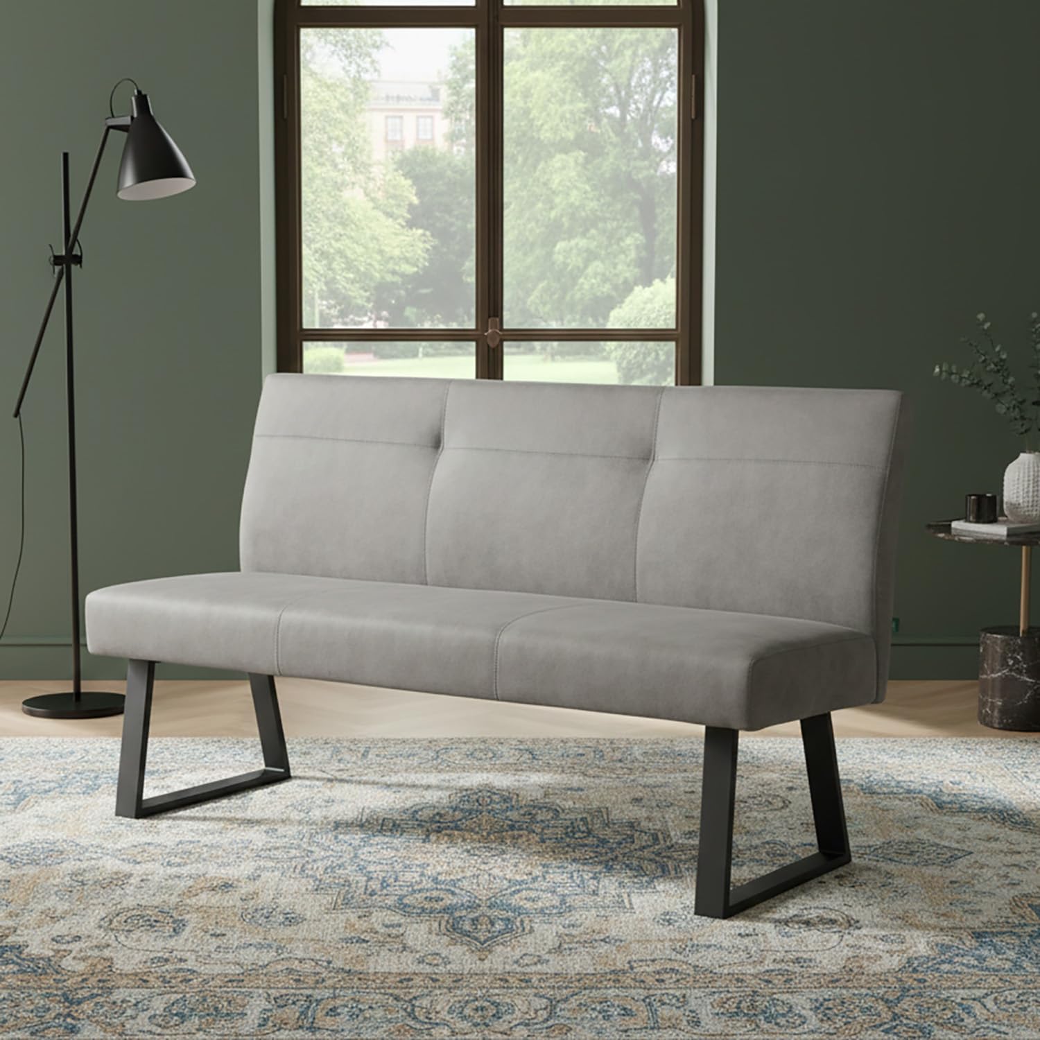 DUBI Möbel Sitzbank Joyce 160 cm mit Federkernpolsterung – Moderne Esszimmerbank Grau – Gepolsterte Küchenbank mit 15 cm Polsterung & Metallbeinen Schwarz