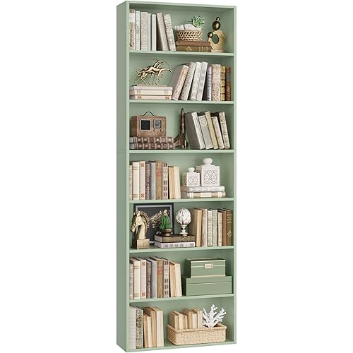 82" Tall Bookshelf, 7-Tier Open Shelves Bookcase, Freestanding Display Storage Shelves, Tall Bookcase Home Decor Furniture for Home Office, Living Room, Bedroom, Green