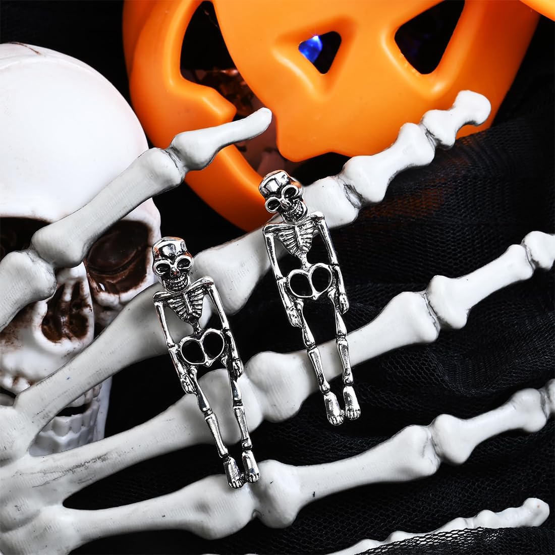 JEYORZY 1 par de pendientes de Halloween esqueleto para hombre, pendientes góticos punk, pendientes de calavera largos, pendientes de calavera para hombre y mujer