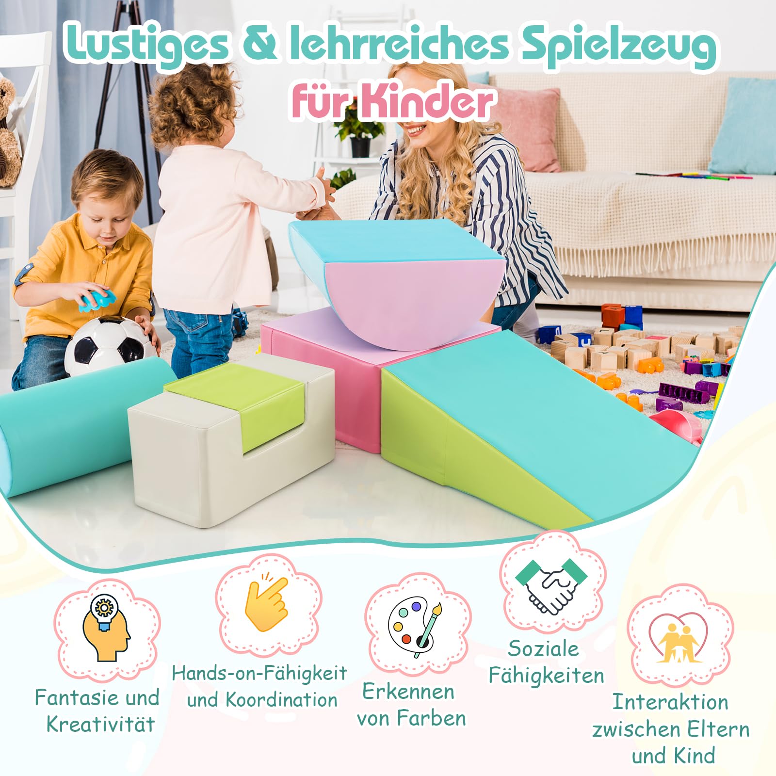 COSTWAY 6 szt. piankowych klocków budowlanych, gigantyczne klocki do zabawy i wspinaczki, miękkie klocki z pianki, duże klocki wielokolorowe, dla dzieci w wieku przedszkolnym, niemowląt i dzieci w