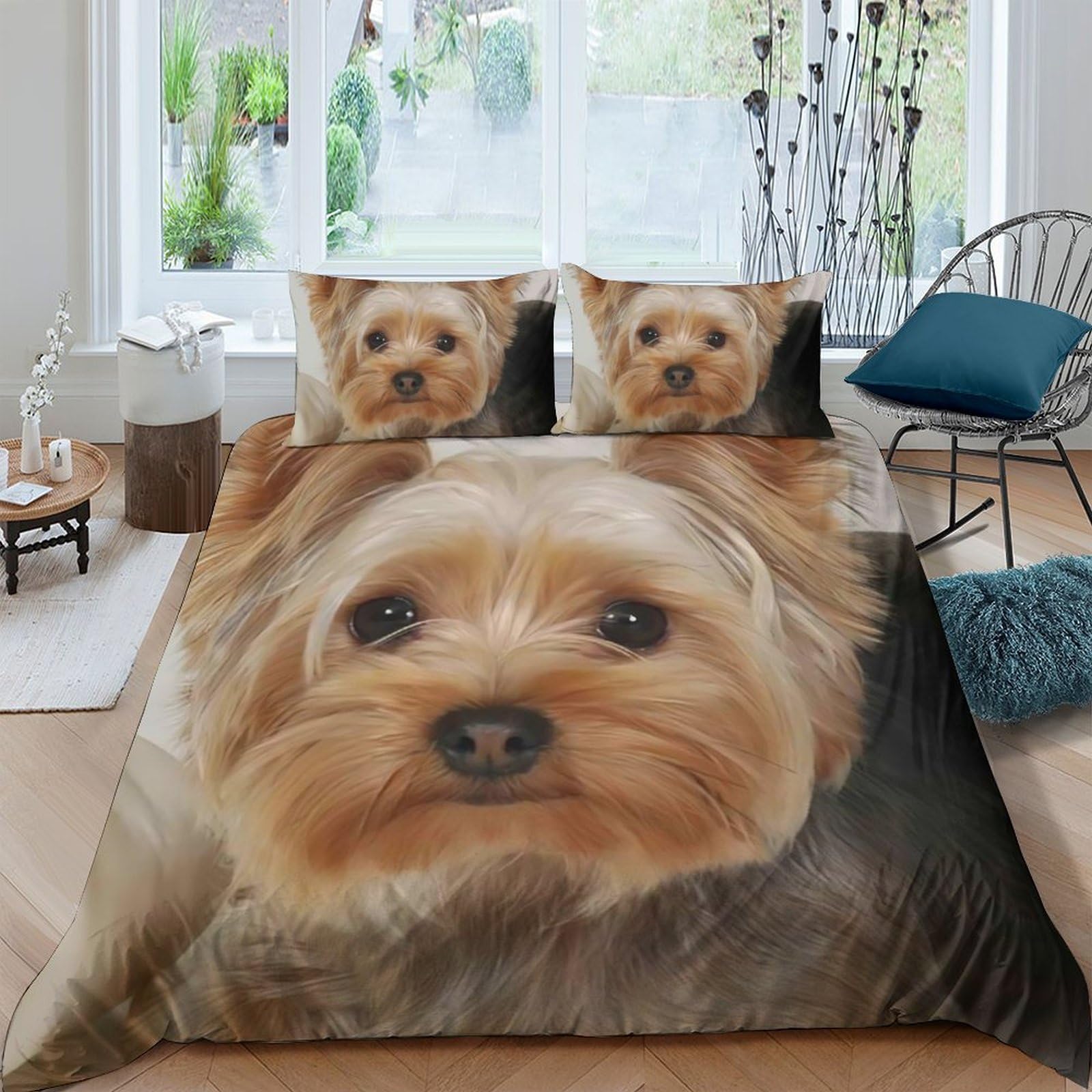 GPLZQXKJNH 3D Printed Yorkshire Terrier Dog Duvet Cover Microfiber Soft Breathable Puppy Bedding Set with 2 Pillowcases for Bedroom Decor Single（135x200cm）
