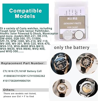 Replacement for Panasonic CTL1616 CTL1616F Battery Cell #10065657#10291127#10382262#10175828#94806704 for Casio Solar Powered Watches