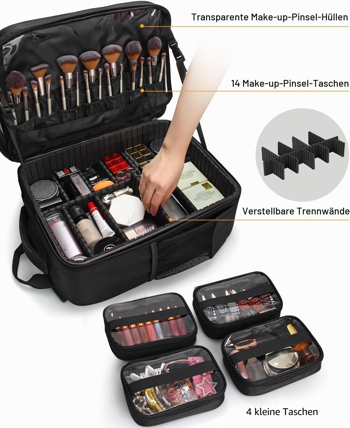 Relavel Kosmetik-Rucksack Profi Kosmetikkoffer Extra Groß Reise Kosmetik Tasche Aufbewahrungsorganizer Doppelschicht Große Kapazität mit 4 Innenfächern Schwarz
