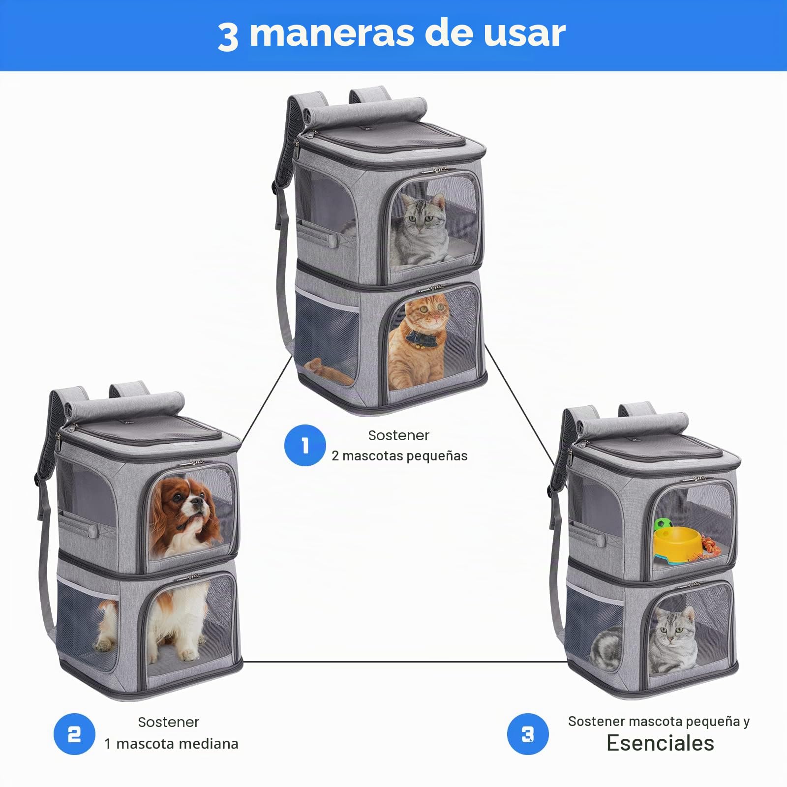 Mochila transportadora Doble 2 en 1 para Gatos y Perros pequeños, transportador de Viaje portátil para Mascotas, diseño súper ventilado, Ideal para Viajes/Senderismo/Camping, tamaño Grande,