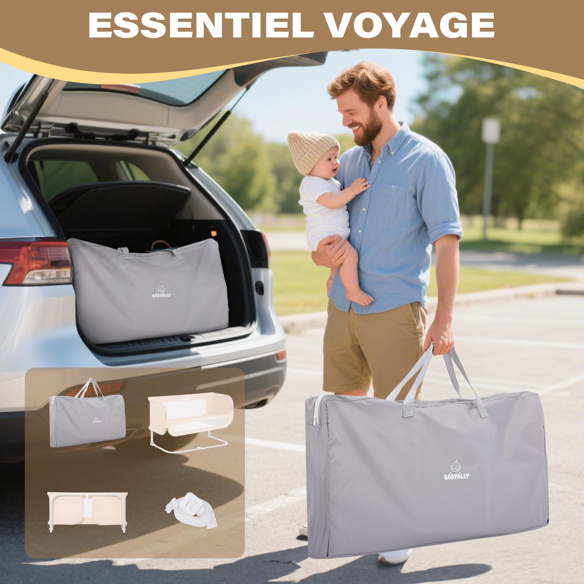 Barriere de Lit Enfant Pliable 2-en-1 185cm avec Sac de Transport, Crème