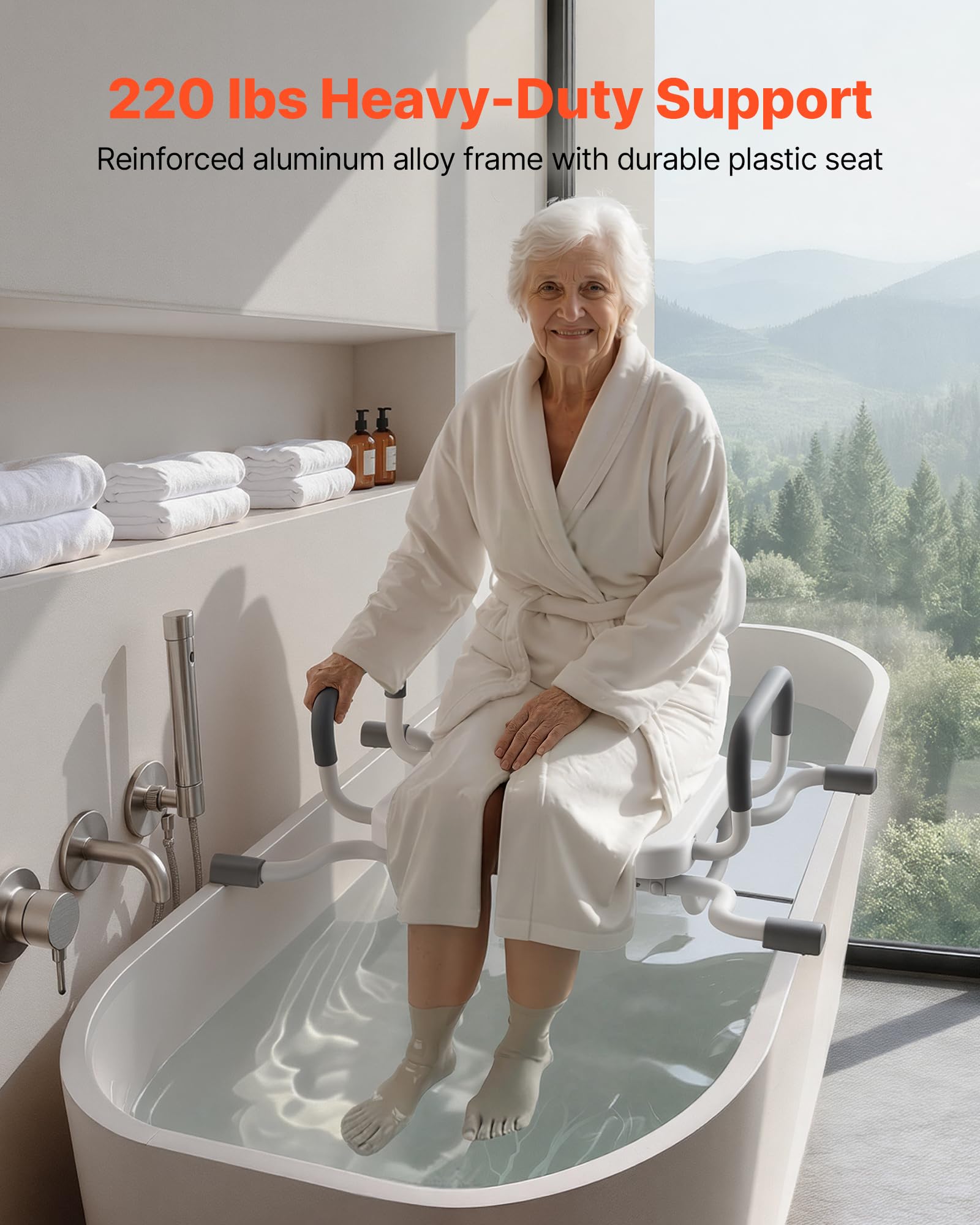 VEVOR Tabla de Bañera con Brazos y Respaldo, Asiento de Bañera con Mango Carga de 100 kg, Ancho de 740 mm o 790 mm Silla Giratoria de 360° para Adultos, Personas Mayores, Personas con Discapacidad