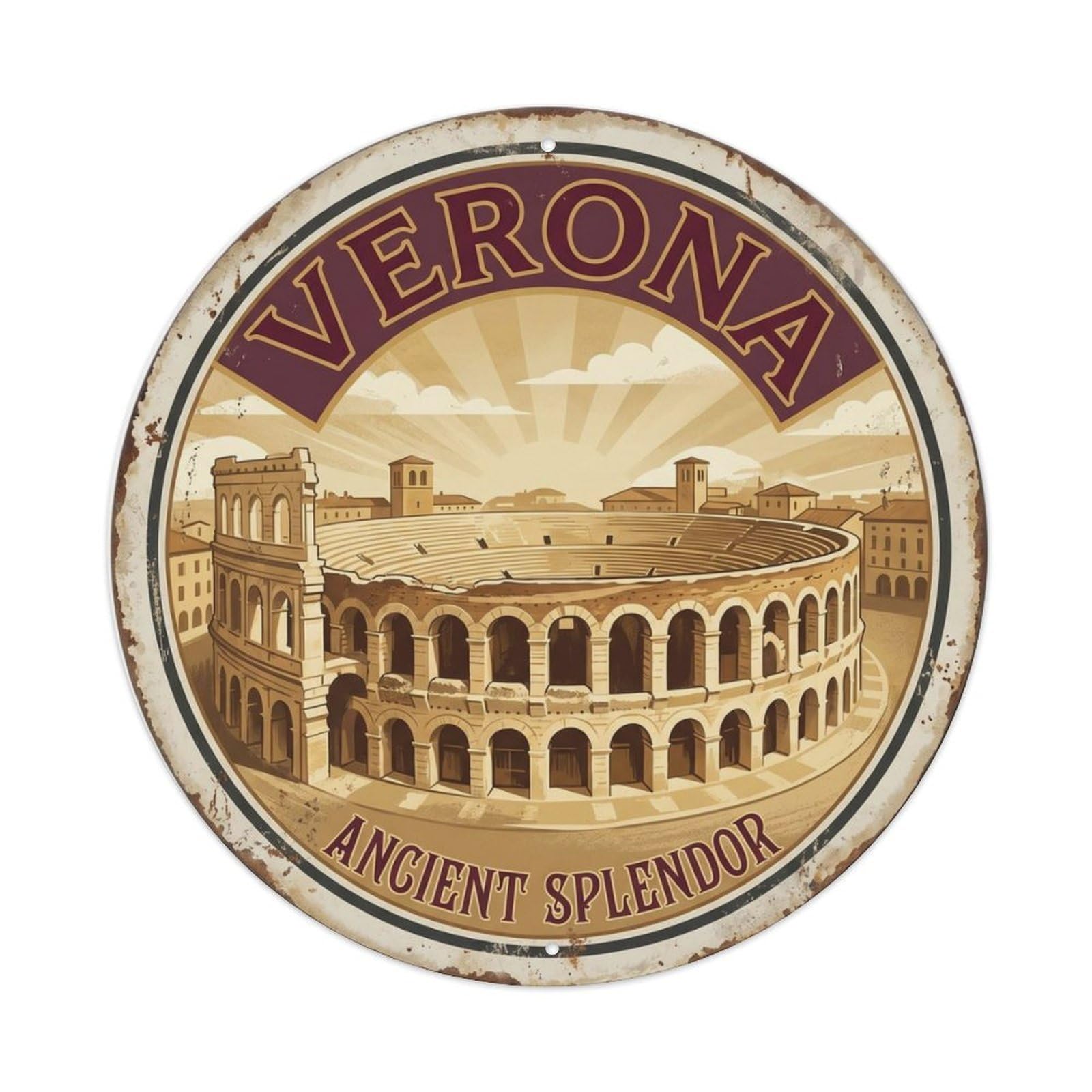 Vintage Travel Verona Arena Italy Metal Tin Sign Plaque Wall Decor for Cafe, Club Bar, Office, Home Garden Round Metal Poster 8x8Inch