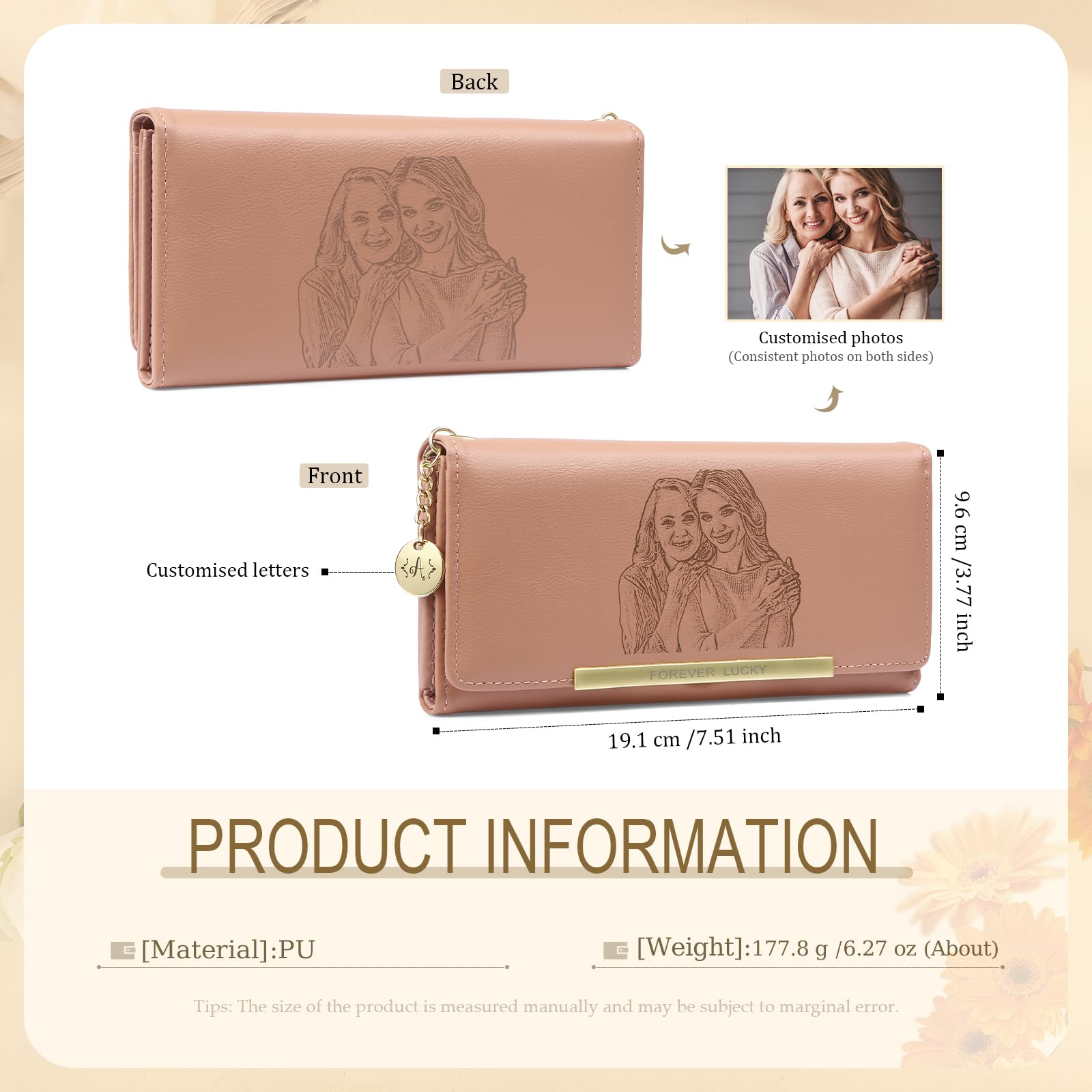 Personnalisé Portefeuille Femme Grand Format Photo et Nom Portefeuille avec Pochette de Monnaie Porte-Cartes Cadeau pour Femme Anniversaire Noël (Rose)