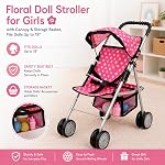 Fash n kolor - Ma première poussette de poupée bébé - Poussette à Dos Rose Polka avec Panier- Poignée de Grib douce. Pliable avec Hood Toy Poupée Pram Accessoires de Poupée Bébé. Avec 2 Bonus gratuit Bouteilles de poupée inclus