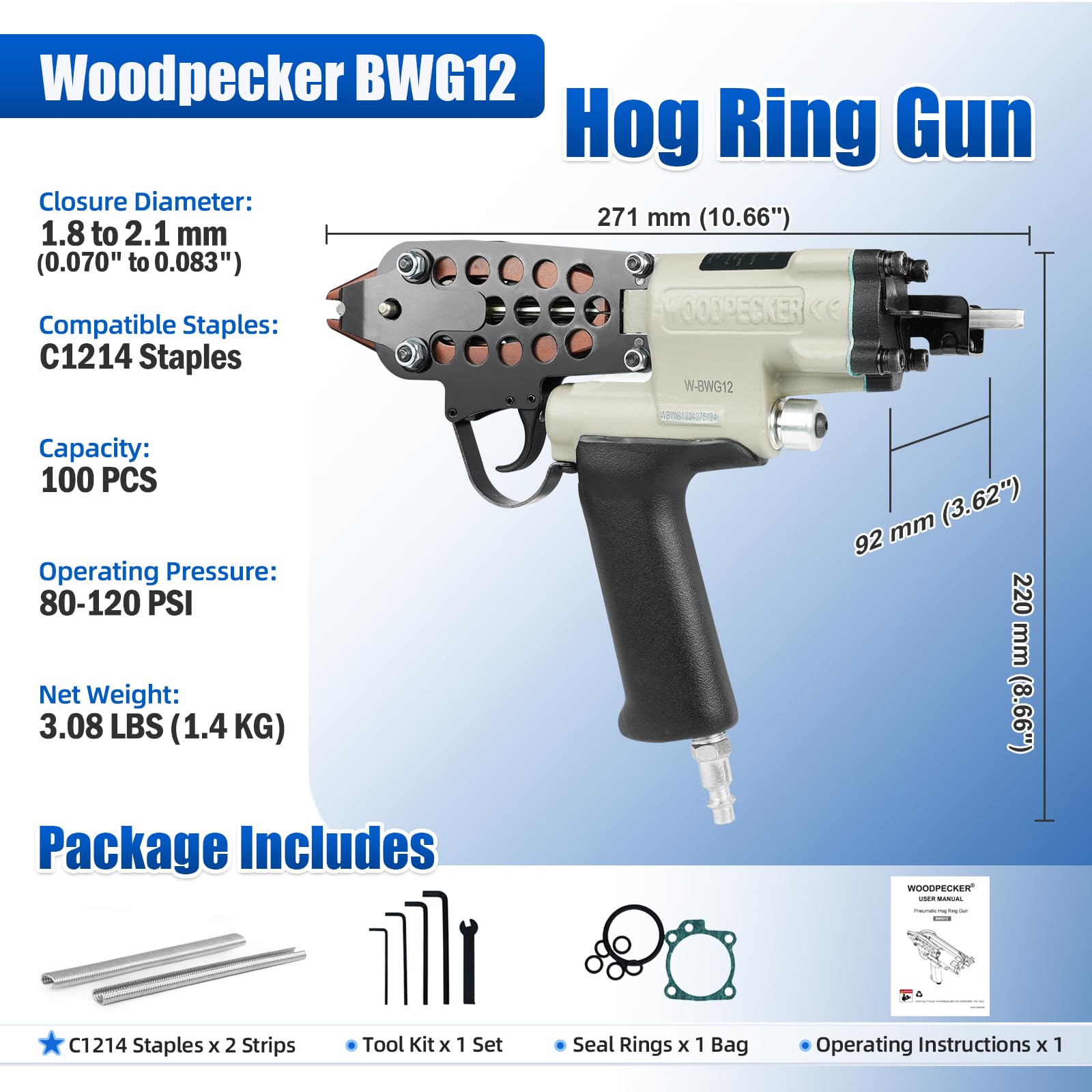 WOODPECKER BWG12 Pince pneumatique à anneau de porc de 1,8 mm à 2,1 mm de diamètre de fermeture pour cerclage, clôture, cages