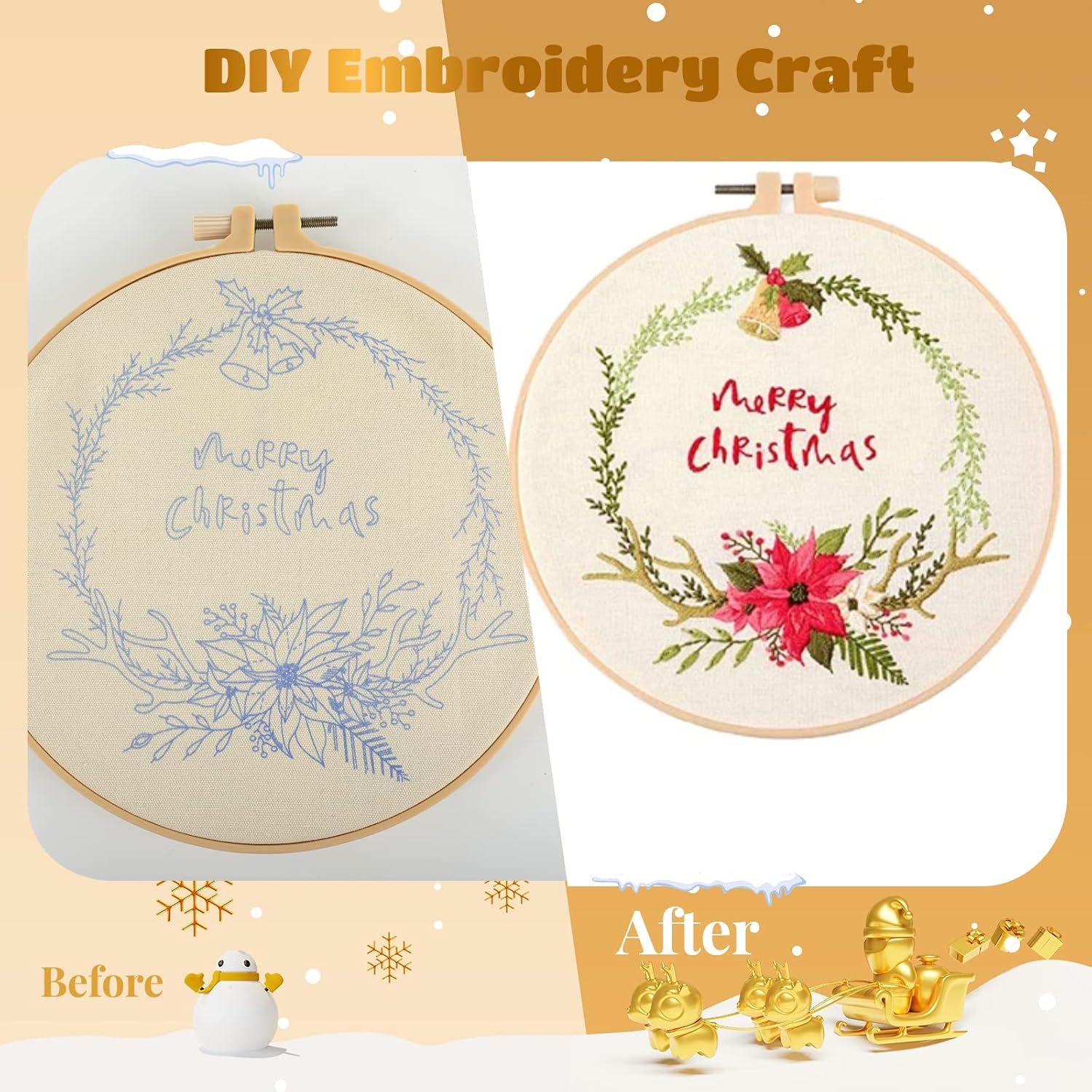 Joyibay Embroidery Kit for Beginners, 4 Pack DIY Christmas Cross Stitch Kits, Embroidery Starter Kits with Stamped Pattern, Include 4pcs Embroidery Hoops, 4pcs Embroidery Clothes with Pattern