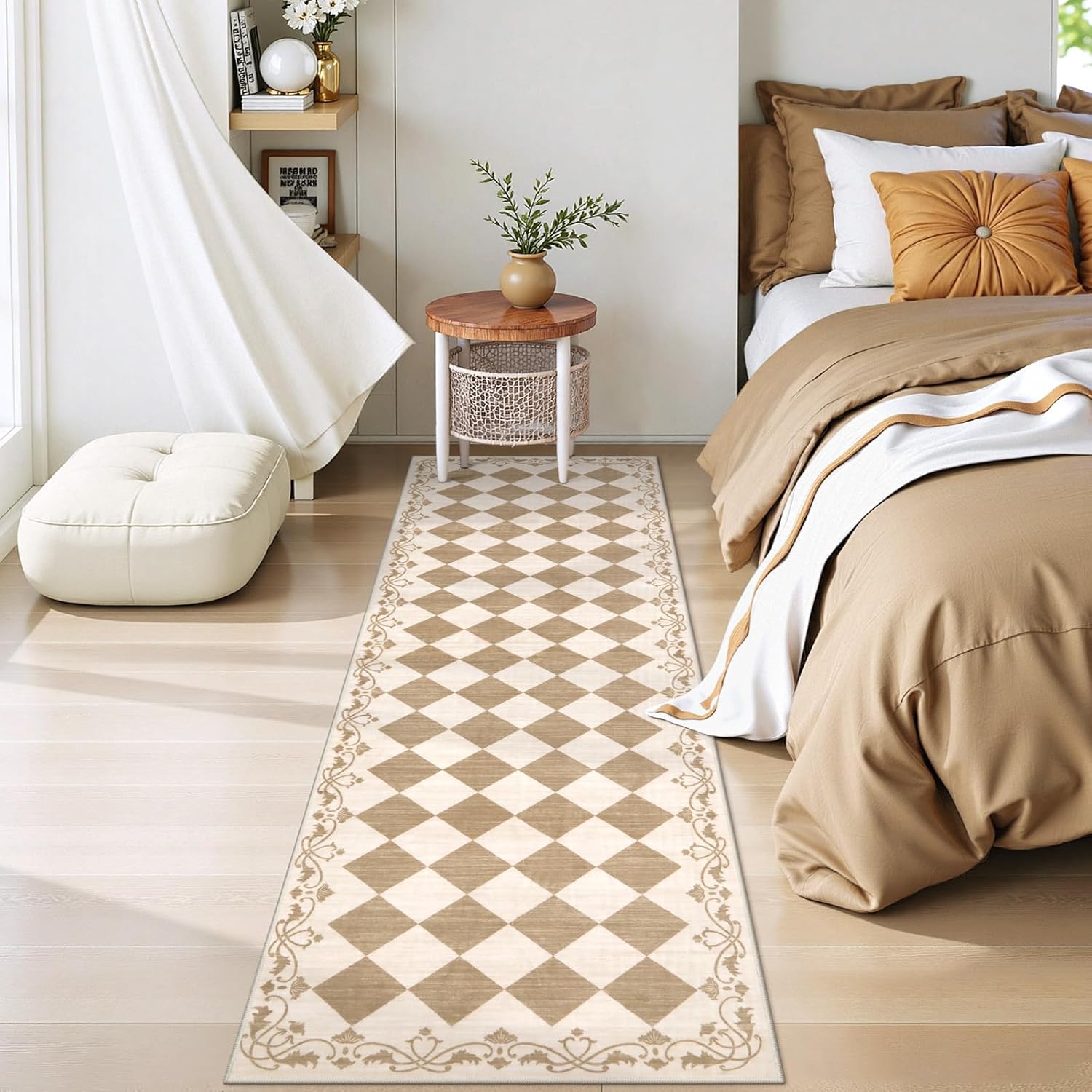 Beeiva Checkered Hallway Rug 2x6 Washable Runners for Kitchen Floor Non Slip Ultra Thin, Gingham Neutral Soft Bathroom Rug 2x6 Beige Diamond Carpet for Laundry Bedroom Entryway Home Deocr - Image 9
